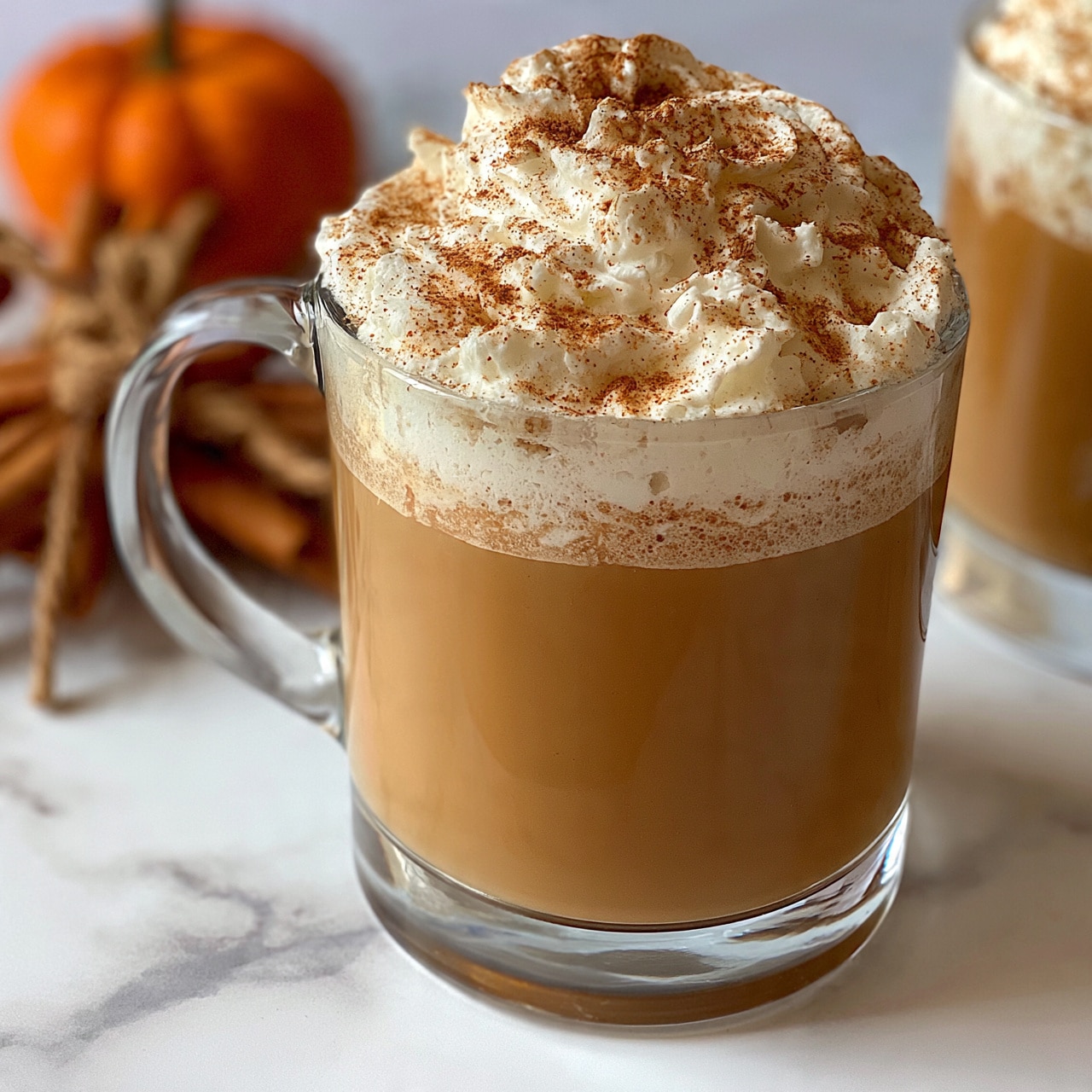 square image The image shows a clear glass mug filled with a smooth light brown drink topped with a layer of white whipped cream sprinkled with fine brown spice powder. The mug has a handle on the left side and is placed on a white marbled surface. In the background, there is a small orange pumpkin and a close-up of cinnamon sticks tied with a brown twine. Another glass with the same drink is partially visible on the right side. The overall look is cozy and warm. photo taken with an iphone --ar 4:5 --v 7
