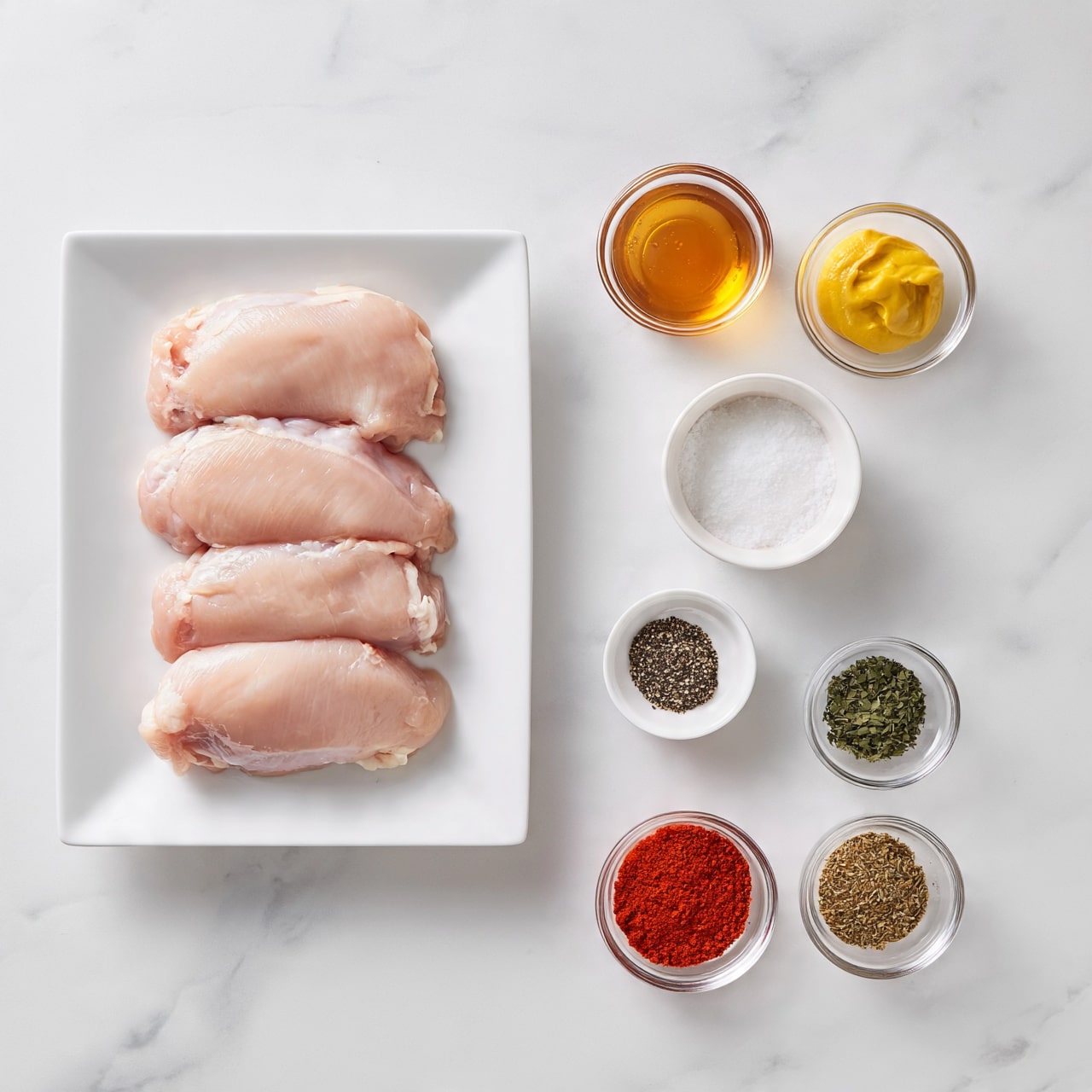 square image The image shows six light pink raw chicken pieces neatly placed in two rows on a white rectangular plate on the left side of a white marbled surface. To the right, there are seven small clear and white bowls arranged in a rough circle containing different ingredients: a clear bowl with amber-colored honey at the top, a clear bowl with bright yellow mustard cream to the right of the honey, a white bowl filled with white salt below the honey, a small white bowl with black pepper below the salt, a small clear bowl with green dried herbs to the right of the black pepper, another clear bowl with brownish dried herbs below the black pepper, and finally a clear bowl with bright red paprika powder at the bottom left. The setting is clean and bright. Photo taken with an iphone --ar 4:5 --v 7