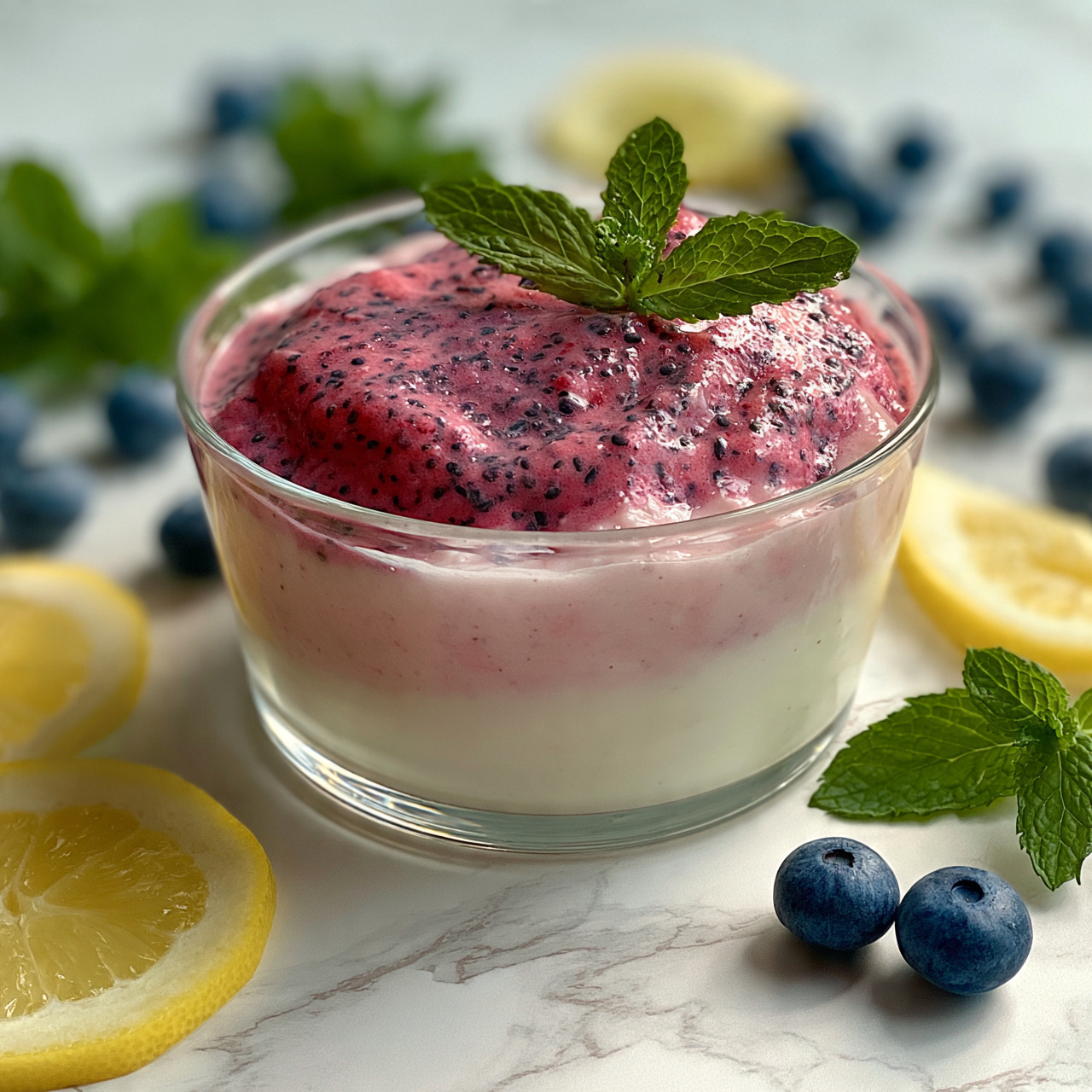 square image A clear glass bowl holds a dessert with three visible layers. The bottom layer is white and smooth, the middle layer is light pink with soft texture, and the top layer is a darker pink mixed with small black seeds, giving it a speckled look. The bowl sits on a white marbled surface surrounded by lemon slices, fresh mint leaves, and scattered blueberries, creating a fresh and colorful setting. Photo taken with an iphone --ar 4:5 --v 7
