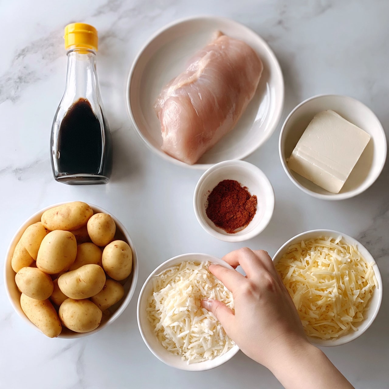 square image The image shows seven white bowls and plates arranged on a white marbled surface. The top left holds a clear glass bottle with a yellow cap containing soy sauce. On the top right, a white plate holds a large raw chicken fillet, smooth and pink. Next to it on the right is a white bowl with a block of firm white cheese. Below that is a small white bowl filled with a reddish-brown powder. At the bottom right, a white bowl contains shredded pale yellow cheese, and in the center bottom is a white bowl with shredded white cheese. On the bottom left, a white bowl is full of several small light brown potatoes with smooth skin. A woman's hand is reaching toward the bowl of potatoes. The photo taken with an iphone --ar 4:5 --v 7