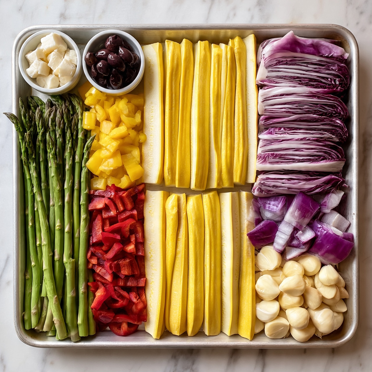 square image The image shows a baking tray with neat rows of colorful ingredients ready to cook, all on a white marbled surface. On the left side, there is a row of green asparagus, next to it small piles of yellow and red bell pepper slices. Above the peppers are small white cheese chunks and dark olives in white bowls. In the center are four rows of long yellow zucchini slices. On the right side, there is a row of purple radicchio halves and pieces of red onion. At the bottom right, a pile of pale, round garlic cloves completes the arrangement. The colors are bright and the textures are fresh, with the vegetables neatly lined up and filling the tray evenly. Photo taken with an iphone --ar 4:5 --v 7