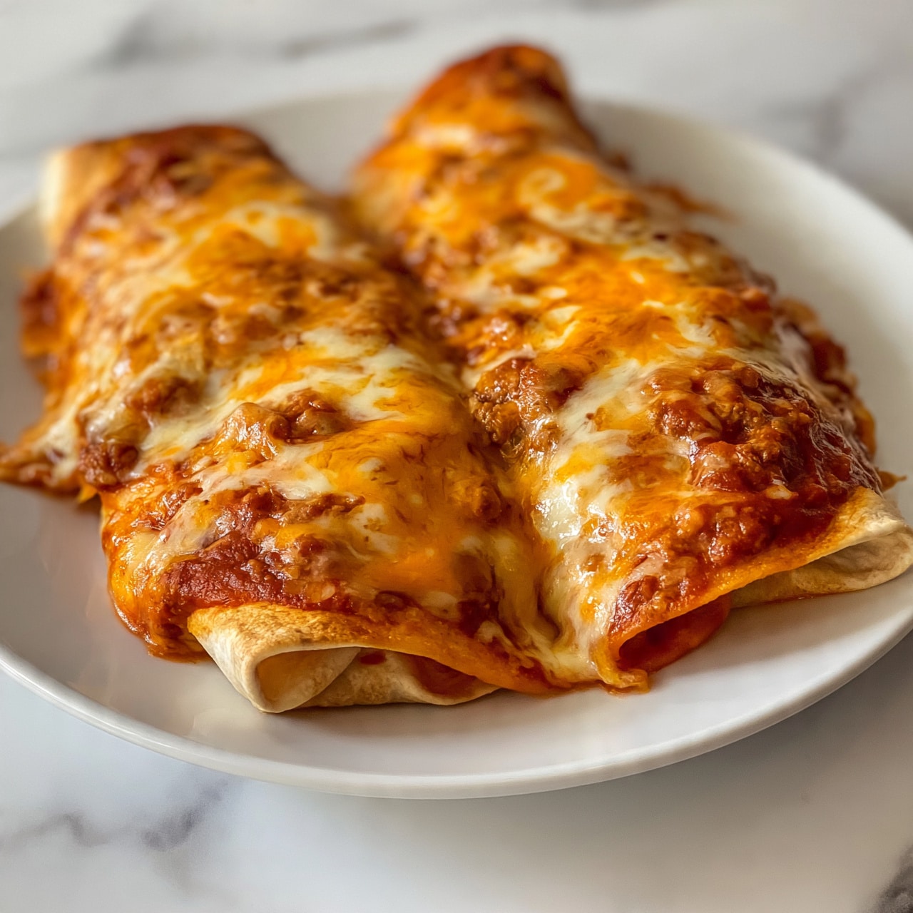 square image The image shows a close-up of two rolled enchiladas on a white plate placed on a white marbled surface. Each enchilada is filled and covered with a rich, melted layer of orange and white cheese that looks soft and slightly browned in spots. There is a thick layer of red sauce mixed with ground meat on top, giving a saucy and textured look. The enchilada wraps are slightly browned and folded tightly around the filling. The plate and food fill most of the frame, showing a warm and tasty dish. photo taken with an iphone --ar 4:5 --v 7