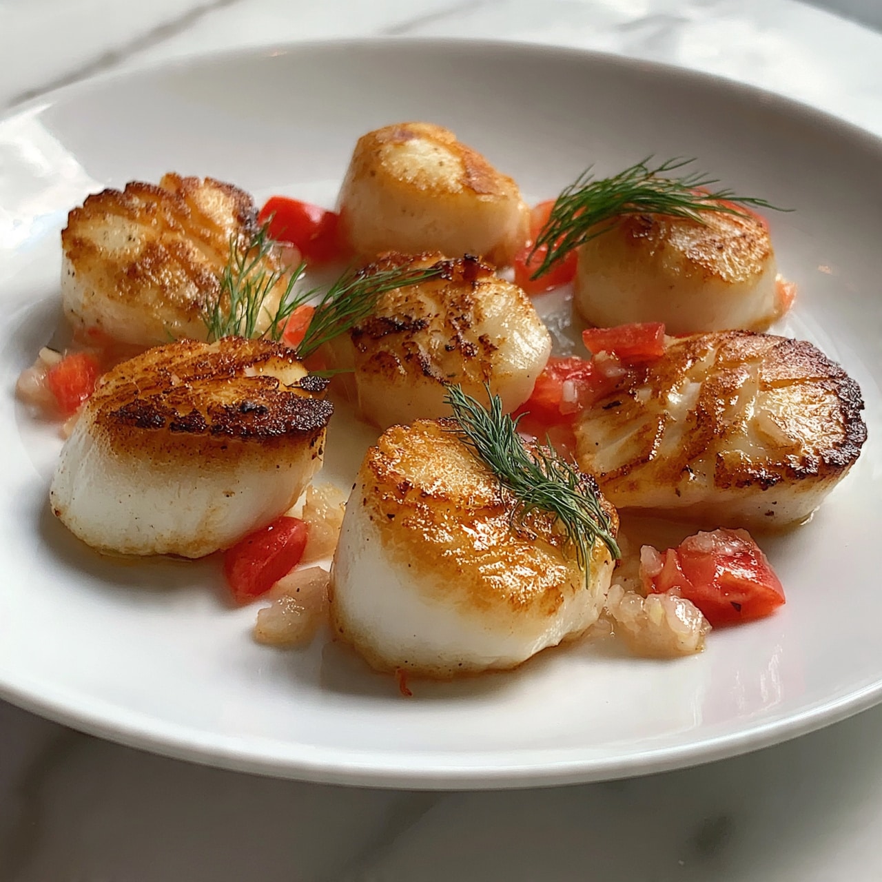 square image The image shows a white plate with five golden-brown seared scallops arranged loosely. Each scallop has a lightly crisp top with grill marks and a soft interior. There are small red tomato pieces and finely chopped onions scattered around and on top of the scallops, adding a fresh contrast. A few sprigs of green dill are placed on top of some scallops, giving a touch of color and texture. The plate sits on a white marbled surface. photo taken with an iphone --ar 4:5 --v 7
