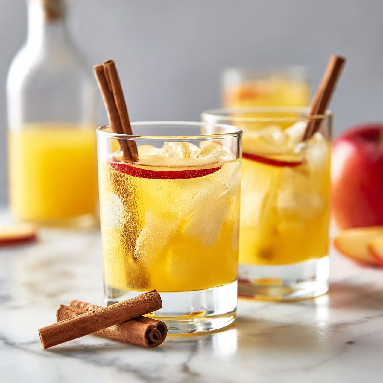 square image The image shows two clear glasses filled with a yellow drink, each containing ice cubes, a thin red apple slice floating on top, and a cinnamon stick standing upright inside the glass. The glasses sit on a white marbled surface with two cinnamon sticks lying in front. In the background, a clear bottle with more yellow liquid and another glass with the same drink are visible. There is also a whole red apple and some apple slices on the side. The light is soft and natural, creating a fresh and cozy feel. photo taken with an iphone --ar 4:5 --v 7
