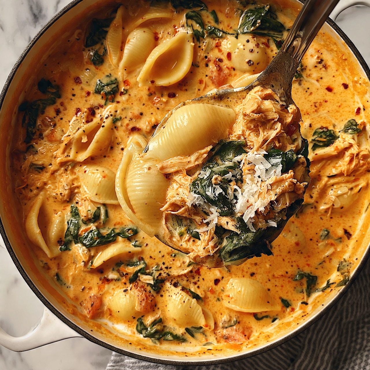 square image The image shows a large pot filled with creamy orange soup mixed with shell pasta, shredded chicken, wilted spinach, and small pieces of tomato. The soup has a thick, rich texture with visible specks of black pepper and red chili flakes sprinkled on top. A ladle lifts a portion from the pot, showing layers of large pale yellow shell pasta, light brown shredded chicken, dark green spinach leaves, and shredded white cheese on the surface. The pot is placed on a white marbled surface with a grey striped cloth underneath. Photo taken with an iphone --ar 4:5 --v 7