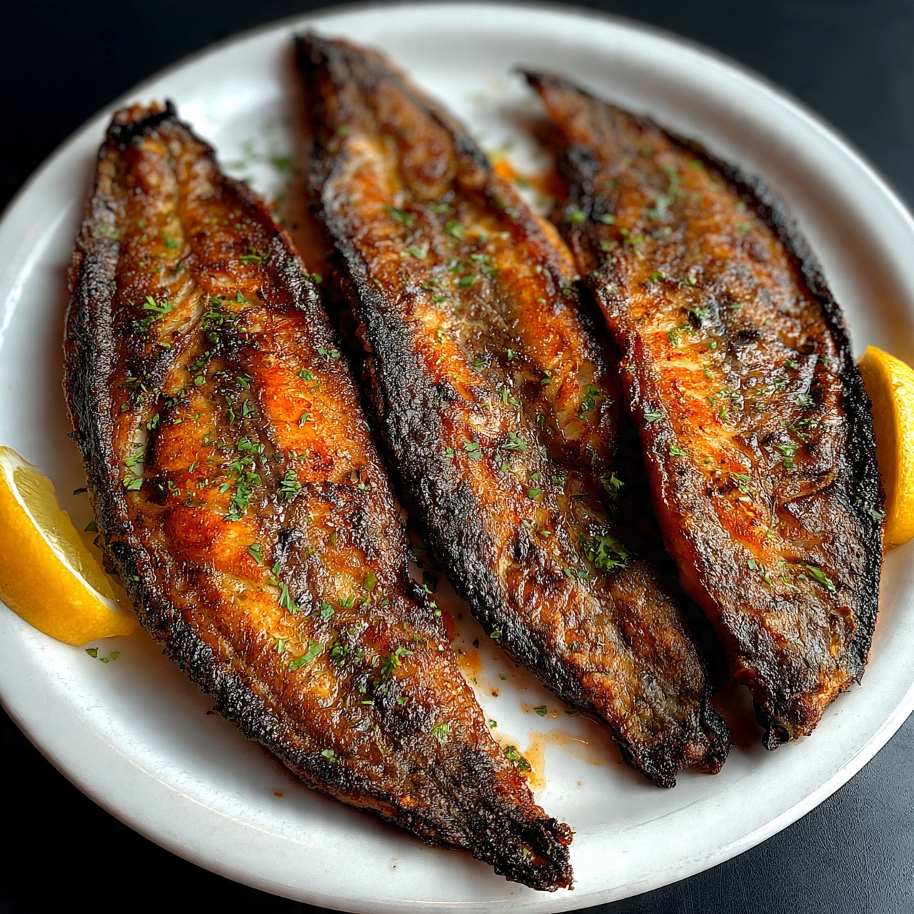 square image Three grilled fish fillets with dark, crispy edges and a slightly rough texture are on a round white plate with a black surface. Small green herb sprinkles are scattered over the fish, and bright yellow lemon wedges are placed on the plate corners. The fish has a rich brown color with orange highlights. photo taken with an iphone --ar 4:5 --v 7square image