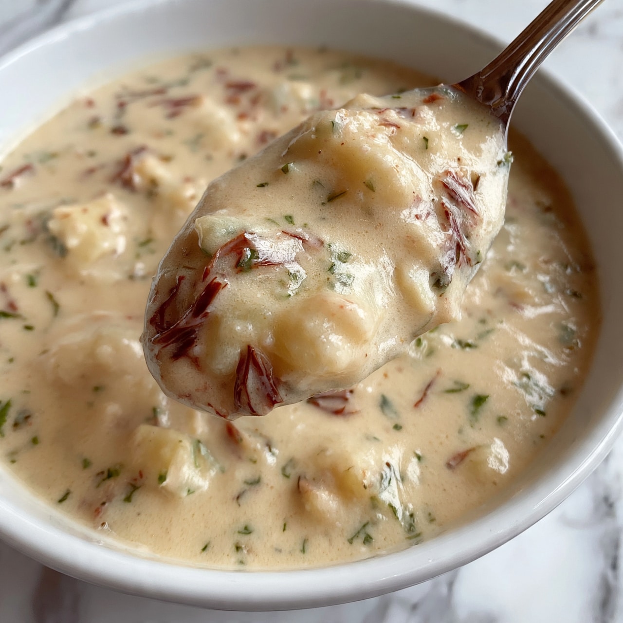 square image A close-up view shows a thick creamy soup in a white bowl over a white marbled surface. The soup has a light beige color with small chunks of pale potatoes and bits of green herbs mixed together. There are thin pieces of reddish ingredients scattered throughout the creamy base. A spoon holds a scoop of the soup, showing the smooth texture and chunky bits. photo taken with an iphone --ar 4:5 --v 7