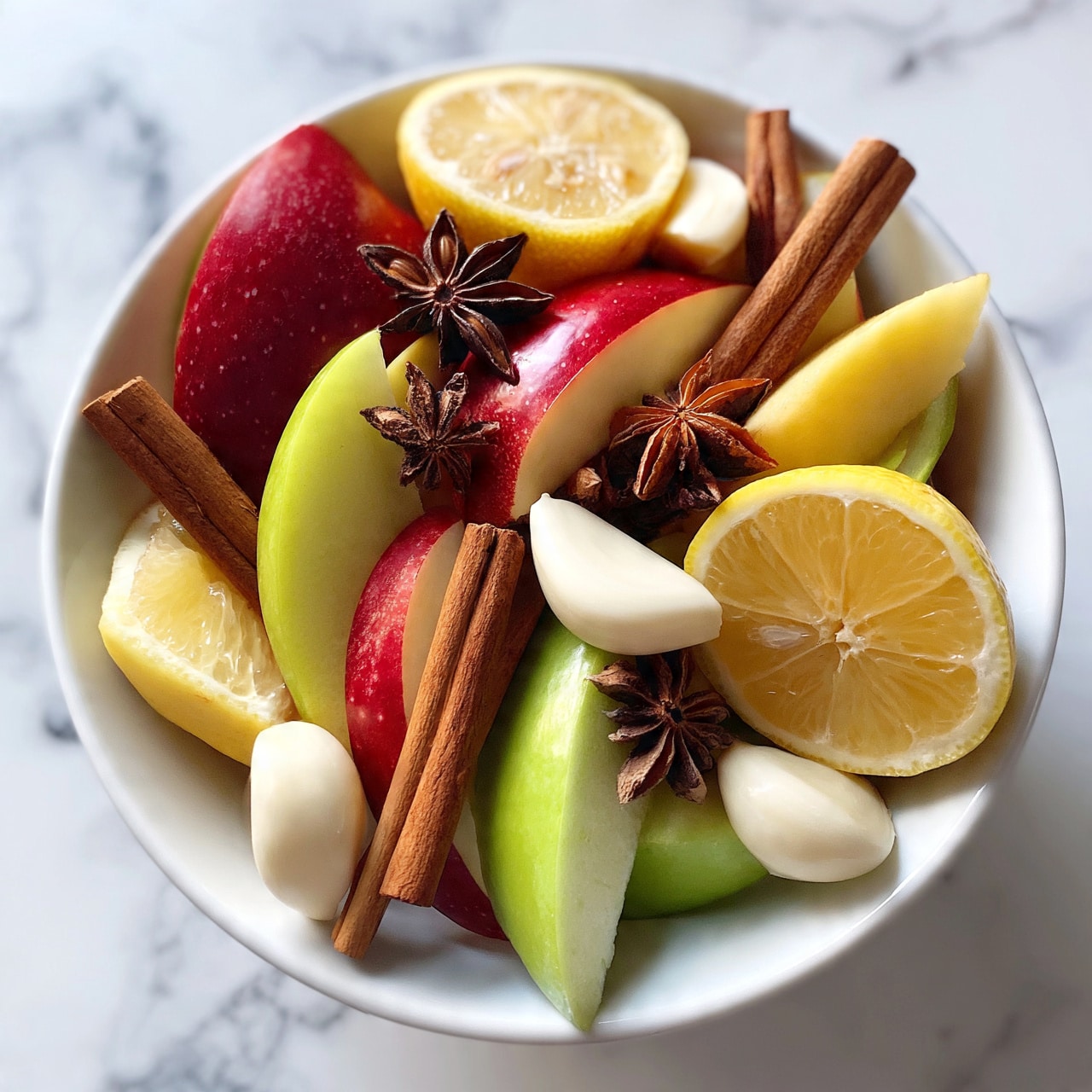 square image A white bowl filled with colorful fruit and spices sitting on a white marbled surface. The bowl contains several slices of red and green apples with smooth skin, along with halved lemon slices showing the juicy inner texture. Interspersed among the fruit are cinnamon sticks, star anise, and smooth, white garlic cloves. The fruit pieces and spices are layered loosely, creating a natural mix of warm brown and vibrant green, red, and yellow colors. photo taken with an iphone --ar 4:5 --v 7