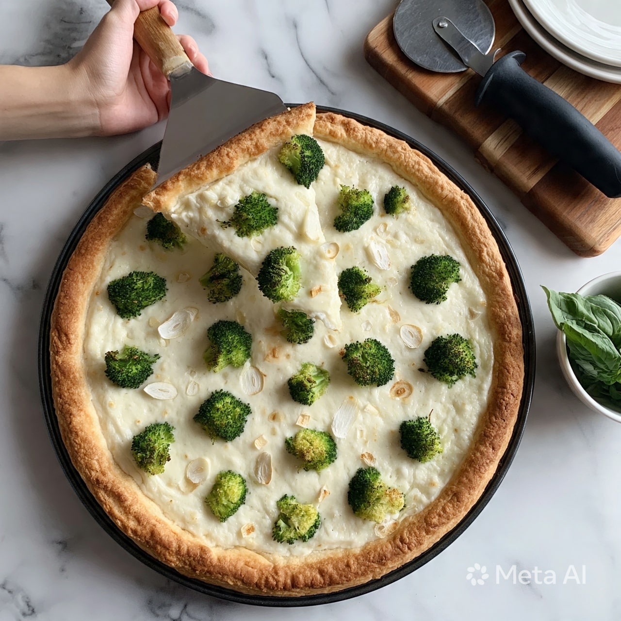 square image A pizza with a thick, golden brown crust forms the base layer, topped with a smooth white cheese layer covering the entire surface. Small bright green broccoli florets are scattered evenly across the pizza, some with slight golden brown spots from baking. Thin round slices of garlic pepper the cheese, adding white and light brown accents. A woman's hand is holding the edge of a slice lifted up from the pizza using a metal spatula with a wooden handle. The pizza is on a round black pan set on a white marbled surface. To the right, there is a wooden cutting board with white plates and a black-handled pizza cutter, and a small white bowl with fresh basil leaves sits nearby. Photo taken with an iphone --ar 4:5 --v 7