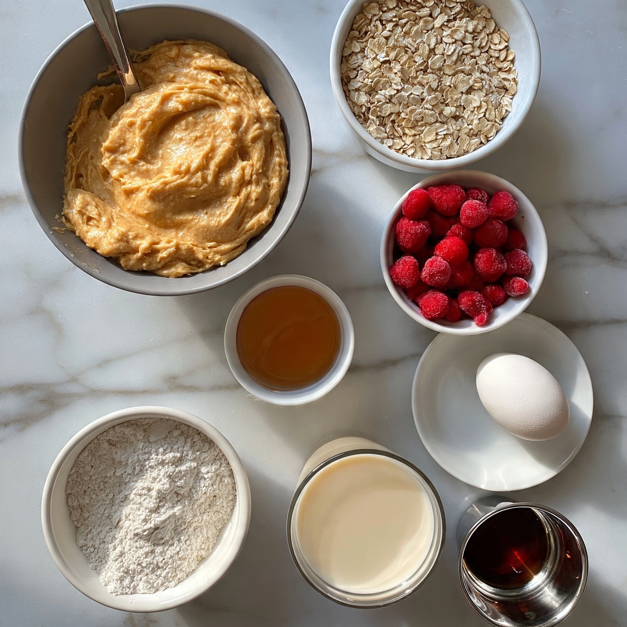 square image The image shows eight ingredients neatly arranged on a white marbled surface. There is a gray bowl on the top left filled with a smooth beige-orange paste with a spoon inside it. To the right, a white bowl contains light beige rolled oats. Below the oats, another white bowl holds small bright red frozen strawberries. To the left of the strawberries, a small white bowl has light brown honey. Near the bottom right side, a white plate holds a single white egg. Below the egg, a glass cup is filled with pale cream milk. On the bottom left, a white bowl contains fine white powder, and next to it on the right, a small shiny metal cup holds dark brown syrup. The colors and textures stand out clearly against the clean white marbled background, and the items are spaced evenly in a simple, tidy layout. photo taken with an iphone --ar 4:5 --v 7