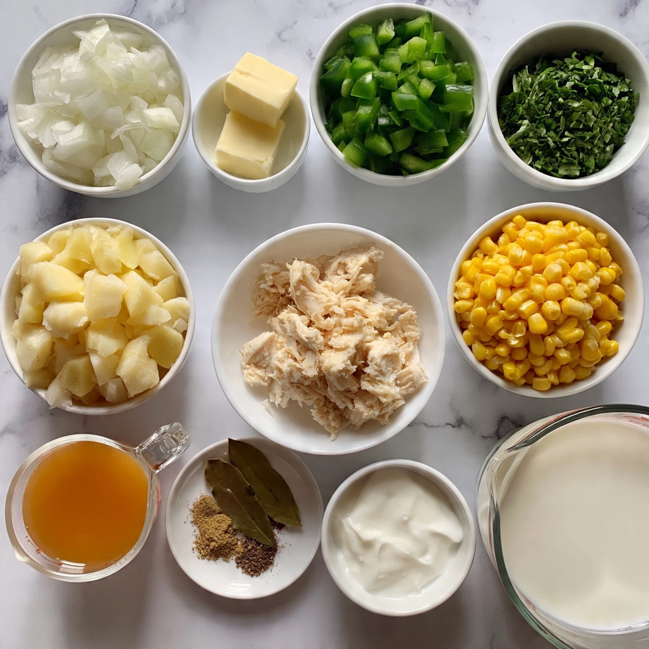 square image A top-down view of small white bowls and clear measuring cups arranged on a white marbled surface, each containing different ingredients: a bowl of finely chopped white onions, a smaller bowl with two squares of pale yellow butter, a bowl filled with diced green bell peppers, a bowl with fresh chopped green herbs, another bowl full of bright yellow corn kernels, a bowl with peeled and chopped potato pieces, a cup of orange broth, a small plate with a mix of three spices and two bay leaves, a bowl of white cream, and a larger cup of milk. One white bowl holds shredded light beige cooked chicken. The arrangement is neat and the colors contrast softly against the white marble. Photo taken with an iphone --ar 4:5 --v 7