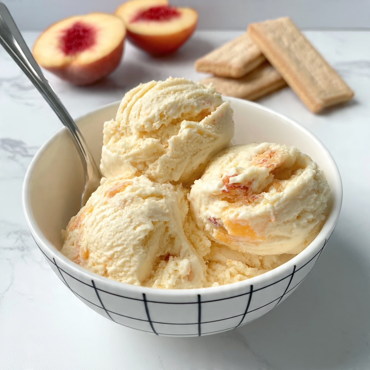 square image A white bowl with a black grid pattern on the outside holds three large scoops of creamy, pale yellow ice cream with bits of orange and peach color mixed inside. A silver spoon is placed inside the bowl on the left side. Behind the bowl, on a white marbled surface, are two halves of a peach showing the red center and four light brown rectangular cookies, some overlapping each other. The background is clean and bright, making the dessert and fruits stand out. photo taken with an iphone --ar 4:5 --v 7
