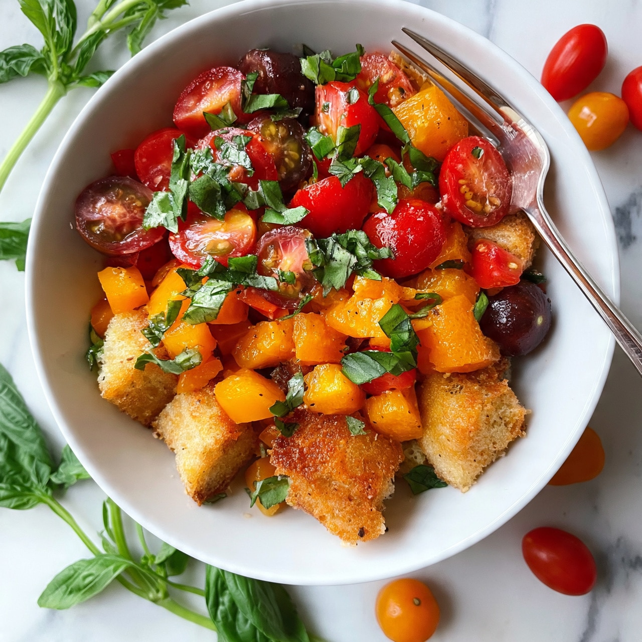 square image A white bowl holds a colorful salad with three main layers: at the bottom, large pieces of toasted bread in light brown with a crunchy texture; on top, bright orange chunks of bell pepper scattered evenly; and the top layer made of halved cherry tomatoes in red and dark purple, mixed with fresh green basil leaves torn into small pieces. A silver fork rests on the right side of the bowl, slightly inside the salad. The bowl sits on a white marbled surface with several fresh green basil stalks and red and orange cherry tomatoes around it, adding a fresh look. Photo taken with an iphone --ar 4:5 --v 7