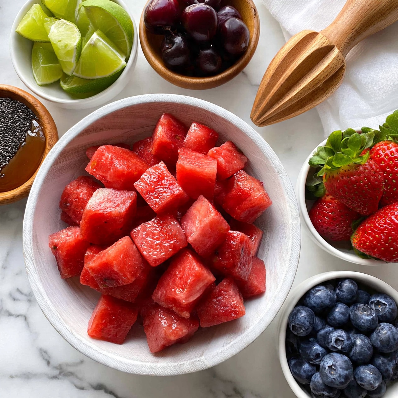 square image The image shows a white wooden bowl filled with small, red watermelon cubes on a white marbled surface. Around the main bowl, there are smaller white bowls each containing different colorful ingredients: bright green lime wedges, dark purple cherries, fresh strawberries with green leaves, and deep blue blueberries. There are also two small wooden bowls with black chia seeds and brown honey. A wooden citrus reamer and white napkin are also in the scene, creating a fresh and vibrant display. Photo taken with an iphone --ar 4:5 --v 7