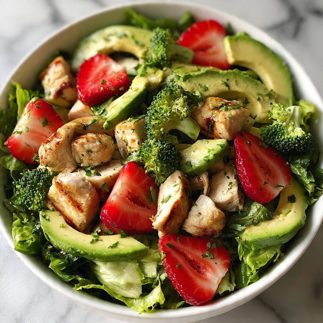 square image The image shows a white bowl filled with a fresh salad on a white marbled surface. The salad has multiple layers with a base of green lettuce leaves that look crisp and leafy. On top, there are pieces of grilled chicken that are light brown with some char marks, cut into bite-sized chunks. Bright red strawberry slices are scattered around the chicken, adding a pop of color. There are also avocado slices with a creamy green texture placed evenly throughout the bowl. Small green broccoli florets are sprinkled on top, along with some finely chopped green herbs. The whole dish looks fresh and colorful with a mix of textures from crunchy greens to soft fruits and tender chicken. photo taken with an iphone --ar 4:5 --v 7
