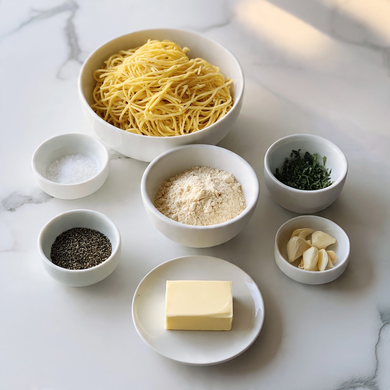square image Several small white bowls and a white plate are arranged on a white marbled surface. One large white bowl holds a pile of yellow, thin noodles. Another medium white bowl contains a pale, powdery ingredient, likely flour. A small white bowl has green leafy herbs inside. A small white plate holds a rectangular block of butter. Next to these, a tiny white bowl with black pepper, another small bowl with salt, and a small white bowl with garlic cloves are also present, all resting neatly on the white marbled background. A woman's hand is not visible but implied to be nearby. photo taken with an iphone --ar 4:5 --v 7