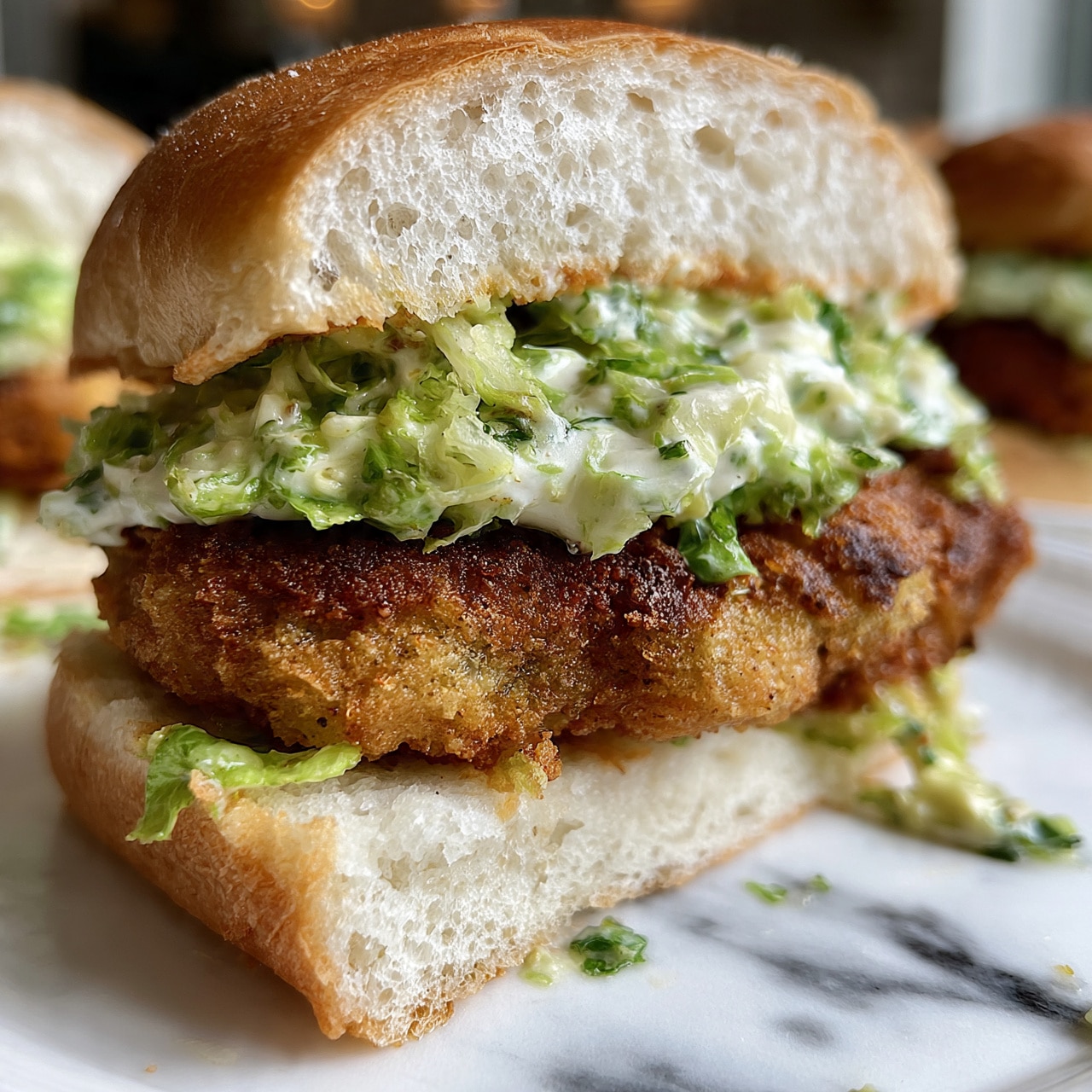 square image The image shows a sandwich on a white bread roll, cut open to reveal layers inside. The bottom layer is white bread, followed by a thick, crispy, brown fried patty. On top of the patty is a layer of creamy white sauce mixed with green shredded lettuce. Some small bits of lettuce and sauce spill out slightly at the edges. The sandwich sits on a white marbled surface, with more sandwich in the blurry background. Photo taken with an iphone --ar 4:5 --v 7