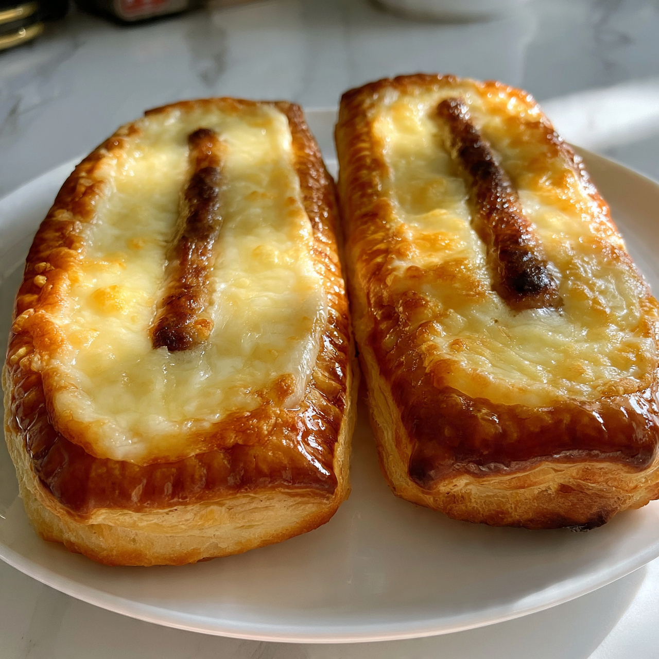 square image The image shows two rectangular pastries placed side by side on a white plate. Each pastry has a golden-brown, flaky crust with a shiny surface. On top of the crust, there is a thick layer of melted cheese that looks creamy and smooth, covering most of the pastry evenly. In the center of each pastry, there is a strip of browned sausage with a slight crisp texture. The pastries rest on a white marbled surface with a few kitchen items blurred in the background. photo taken with an iphone --ar 4:5 --v 7