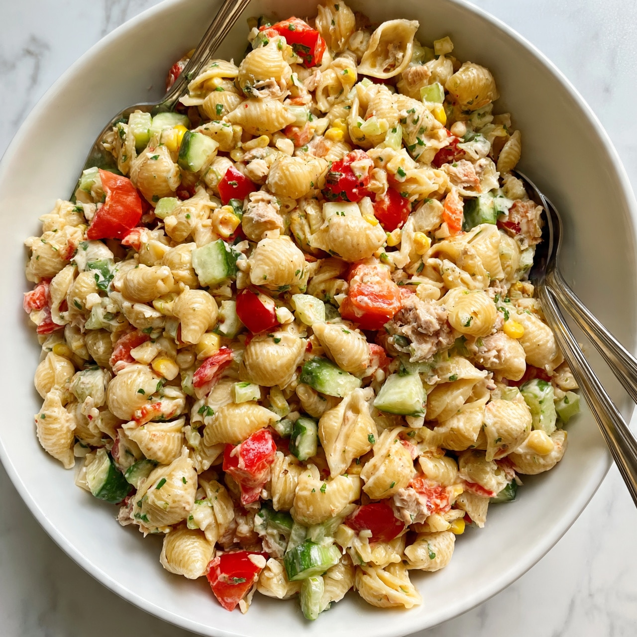 square image A large white bowl filled with a pasta salad made of light yellow shell pasta mixed with chunks of red bell peppers, diced cucumber, chopped celery, small bits of yellow corn, and bits of tuna or chicken. The pasta and veggies are coated evenly in a creamy sauce, and small green herb pieces are scattered throughout. Two metal spoons are partially placed in the bowl, and the bowl sits on a white marbled surface. photo taken with an iphone --ar 4:5 --v 7