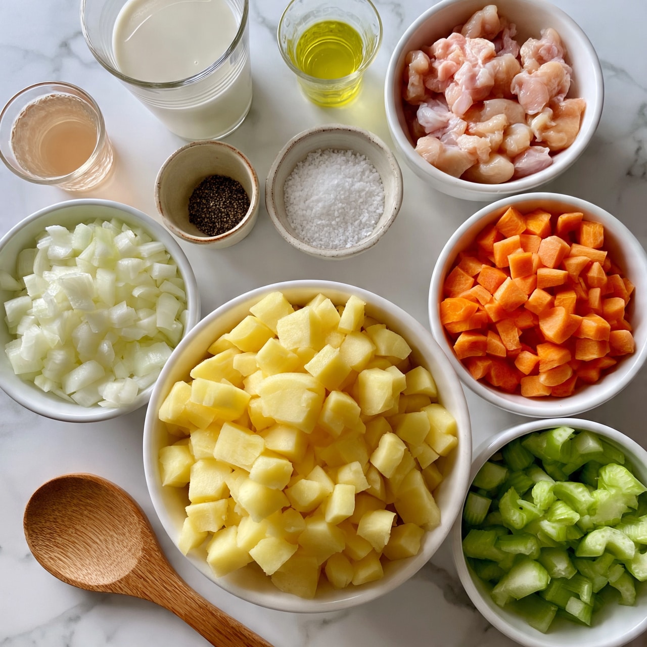 square image The image shows multiple white bowls and a glass cup on a white marbled surface, each filled with different cooking ingredients arranged in a circle. In the center, there is a white bowl filled with peeled and chopped yellow potatoes. Surrounding it, from the top right clockwise, is a white bowl with small pieces of raw chicken, a white bowl with diced orange carrots, a white bowl with chopped green celery, a white bowl with diced white onions, a small bowl with coarse salt, and a small bowl with a white powder, likely flour. On the top left, there is a glass cup filled with milk, a small glass cup with light brown liquid, a small cup with yellow oil, and a small ceramic cup with black pepper. A wooden spoon rests on the bottom left. The colors and the fresh ingredients create a neat and layered visual. Photo taken with an iphone --ar 4:5 --v 7