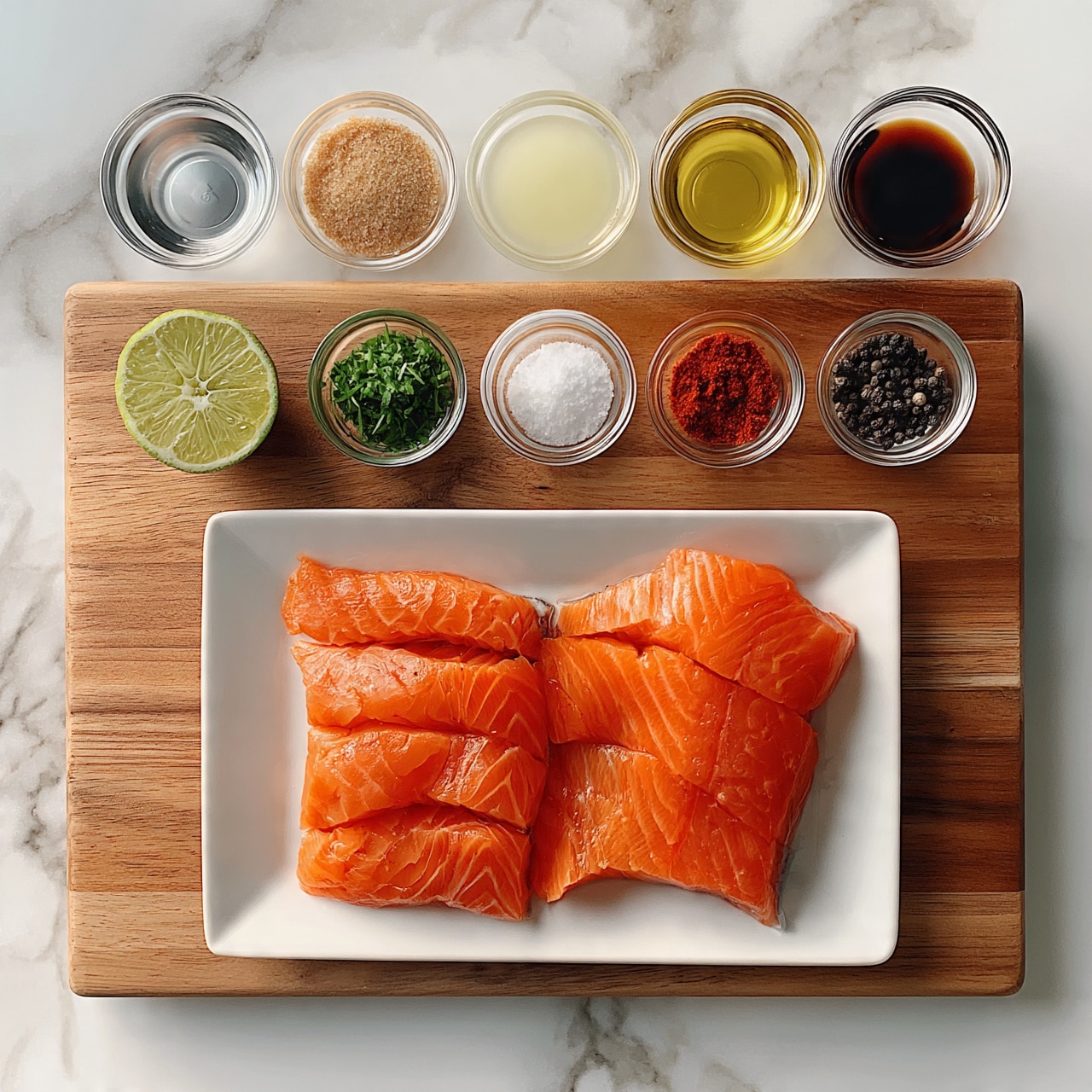 square image The image shows a wooden board on a white marbled surface, with a white rectangular plate holding two portions of bright orange raw salmon fillets, neatly sliced into pieces. Above the plate, there are small clear glass bowls arranged in two lines. The top line includes silver fish sauce, light brown brown sugar, pale yellow lime juice, golden yellow olive oil, and dark brown soy sauce. The bottom line has a lime half with visible green rind and pulp, fresh green chopped herbs, small clear bowls with white salt, red paprika powder, and black pepper seeds. The overall look is clean and organized, with the bowls clearly showing the color and texture of each ingredient. Photo taken with an iphone --ar 4:5 --v 7