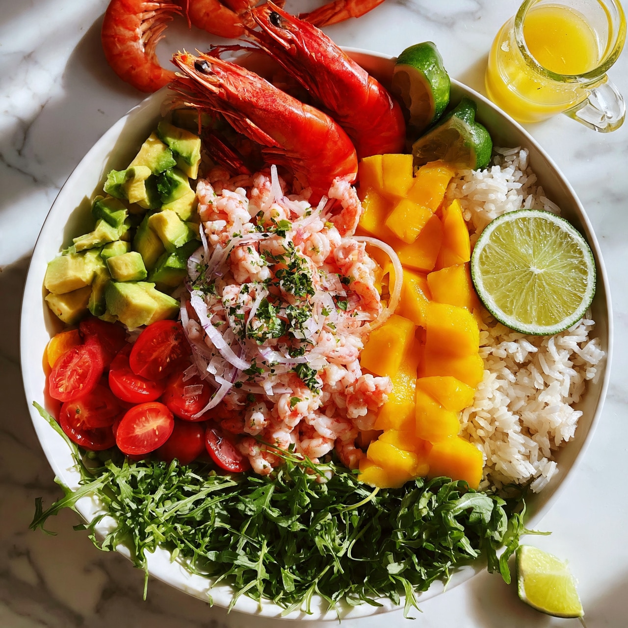 square image A large white bowl contains several colorful layers arranged in sections. The base layer is fresh green arugula spread across the bowl’s bottom. On the right side, cooked white rice sits beneath a slice of green lime. Next to the rice, bright orange mango cubes fill a section. To the left of the mango, diced green avocado pieces form a layer. Bright red halved cherry tomatoes rest near the avocado. In the center, a mix of small pink shrimp and thin light purple onion slices forms a prominent layer, garnished with finely chopped green herbs. Two whole cooked shrimp with vivid red shells sit near the top edge of the bowl. A few lime wedges are placed on top and near the bowl. On the white marbled surface behind the bowl, two whole cooked shrimp and a small glass pitcher of yellow dressing are visible. Photo taken with an iphone --ar 4:5 --v 7