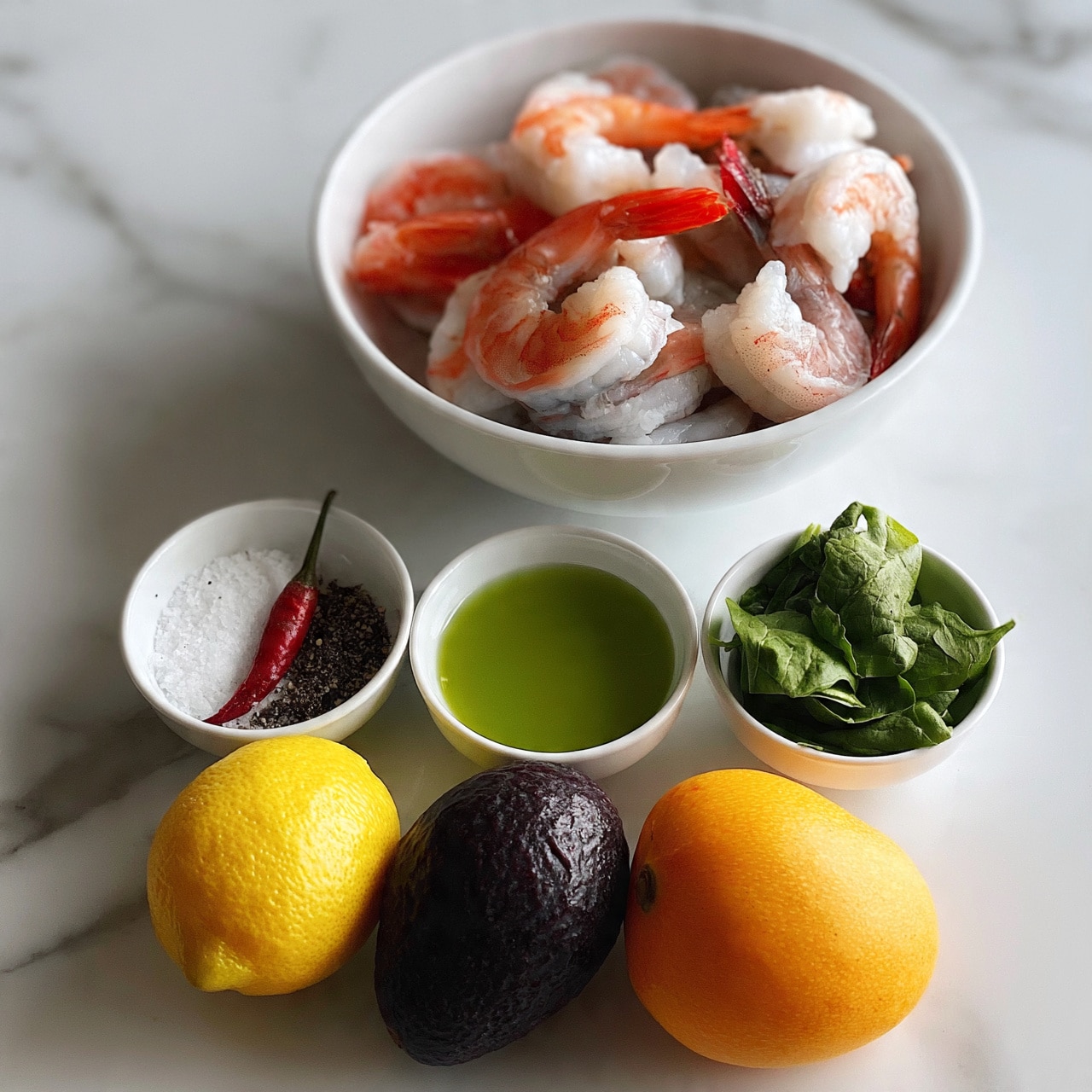 square image A white bowl filled with peeled cooked shrimp, showing their pink and white layers, is placed on a white marbled surface. Below the bowl, there are four white small bowls containing coarse salt, black pepper with a whole red chili, green olive oil, and fresh green spinach leaves. In front of these, there are a whole lemon, a dark purple avocado, and a ripe orange mango arranged closely together. The scene is simple and clean, showcasing fresh ingredients for a dish. photo taken with an iphone --ar 4:5 --v 7