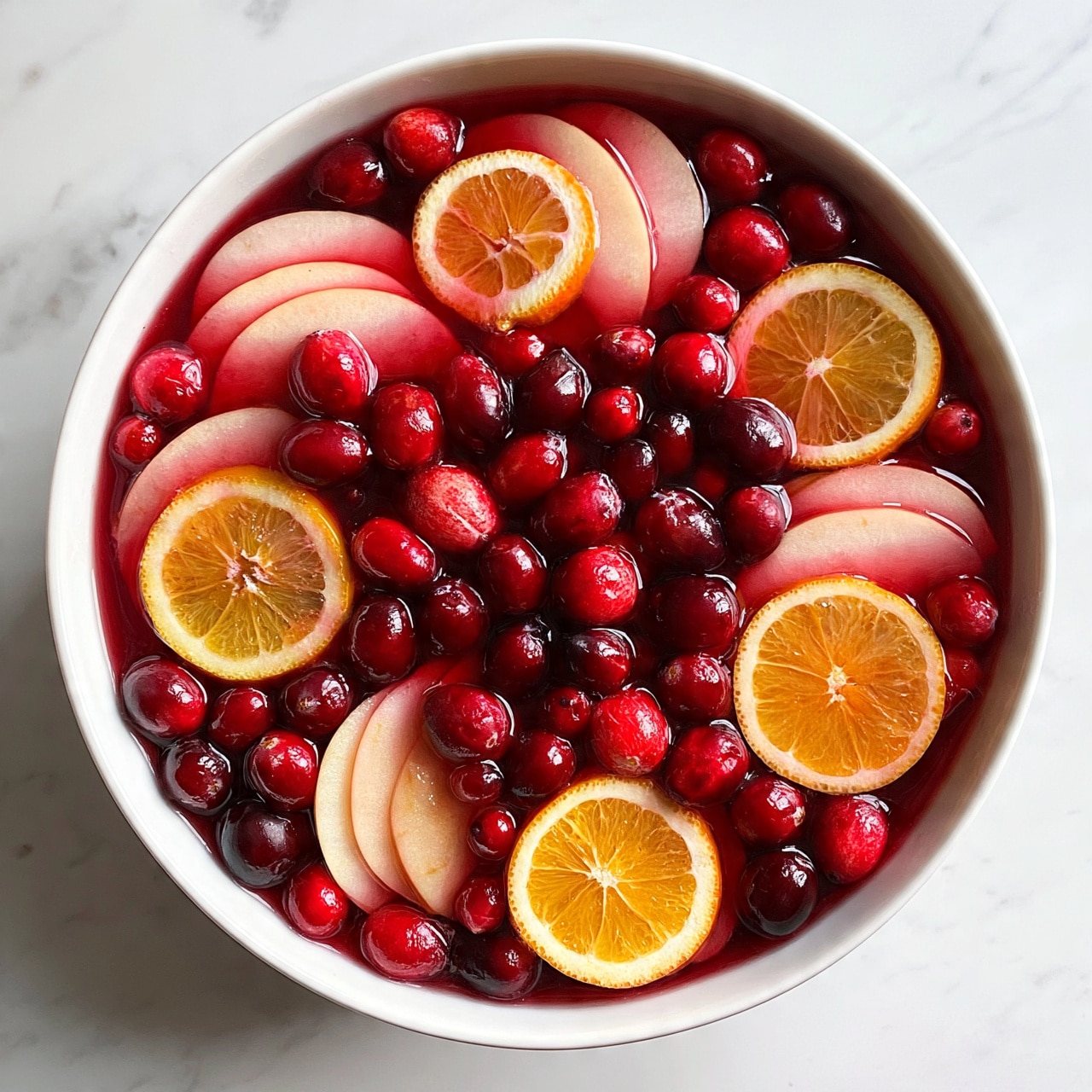 square image A white bowl filled with a deep red liquid, topped with many fresh cranberries that float on the surface. Thin slices of light pink apples and several round orange slices with visible segments are spread evenly across the top. The drink looks fresh and colorful with the contrast between the bright red cranberries, pale pink apple slices, and the warm orange circles. The bowl sits on a white marbled surface. photo taken with an iphone --ar 4:5 --v 7