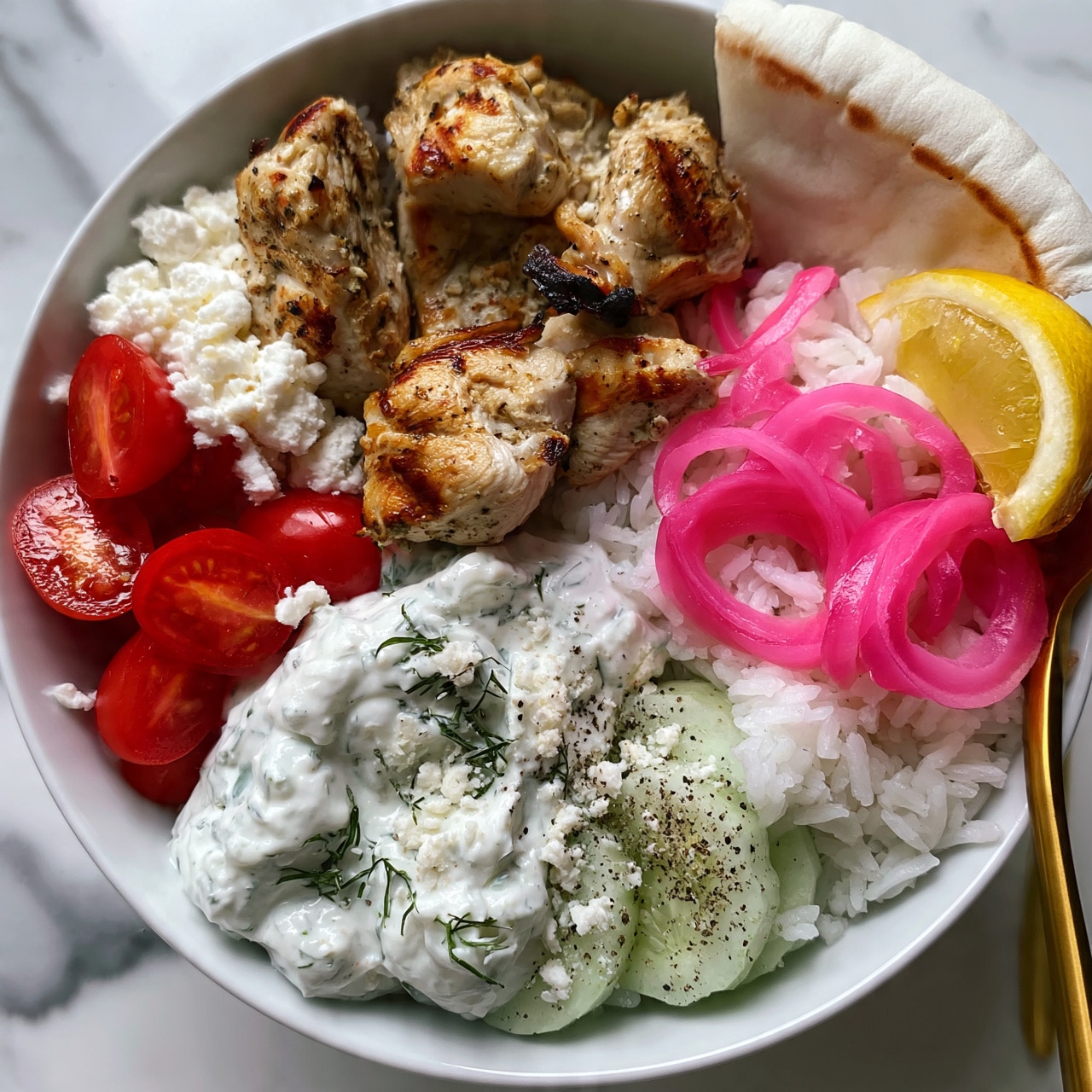 square image A white bowl on a white marbled surface holds a layered dish with grilled chicken pieces on top, showing light brown grill marks and a slightly rough texture. To the left, bright red cherry tomato halves sit next to white crumbled cheese. Below the chicken, thick, creamy, white tzatziki sauce with green dill is dolloped next to light green cucumber slices sprinkled with black pepper and cheese bits. To the right, fluffy white rice is topped with bright pink pickled onion rings and a yellow lemon wedge. A toasted white pita bread piece leans against the side of the bowl, and a gold fork rests partly in the rice. Photo taken with an iphone --ar 4:5 --v 7
