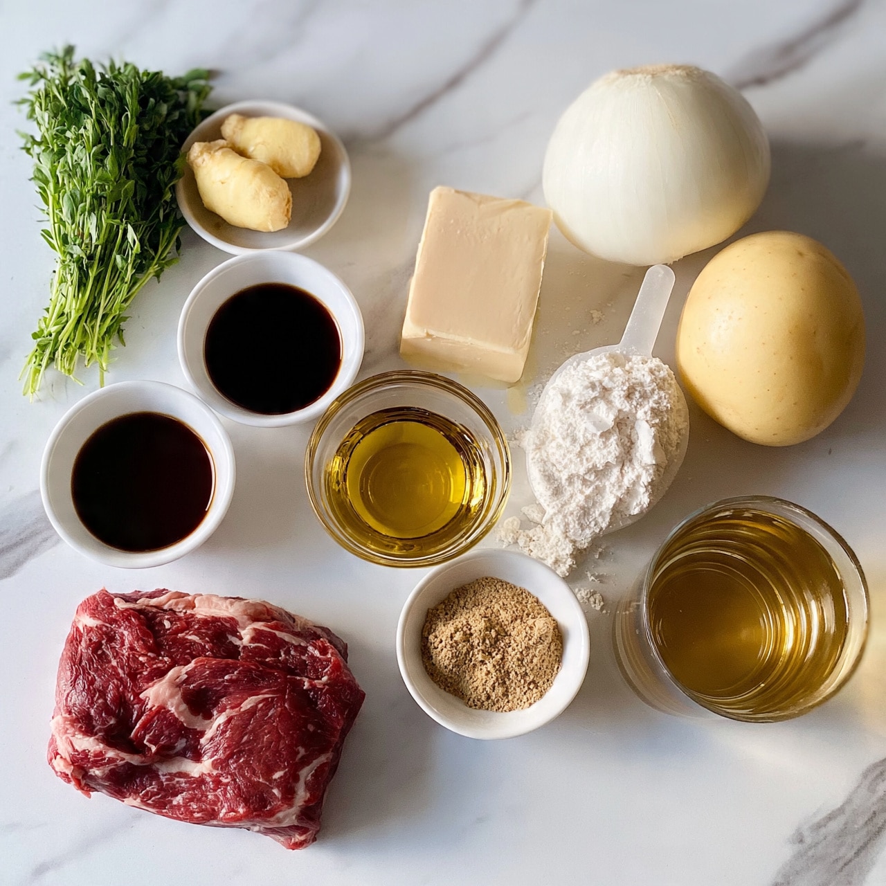 square image The image shows a white marbled surface with various ingredients arranged neatly. In the center, there is a small clear bowl with golden oil. Around it, there are several small white bowls containing dark brown soy sauce, a block of light beige butter, a scoop of white flour, and light brown ground spice. On the top left, a bundle of fresh green herbs is placed next to a small dish holding two pieces of light yellow ginger. To the right side, there is a whole white onion and a round light yellow potato. At the bottom left, a piece of red raw meat with white fat marbling is placed directly on the surface. On the right side, a clear cup with golden liquid stands by itself. The whole setup is clean and organized, with soft natural light. Photo taken with an iphone --ar 4:5 --v 7