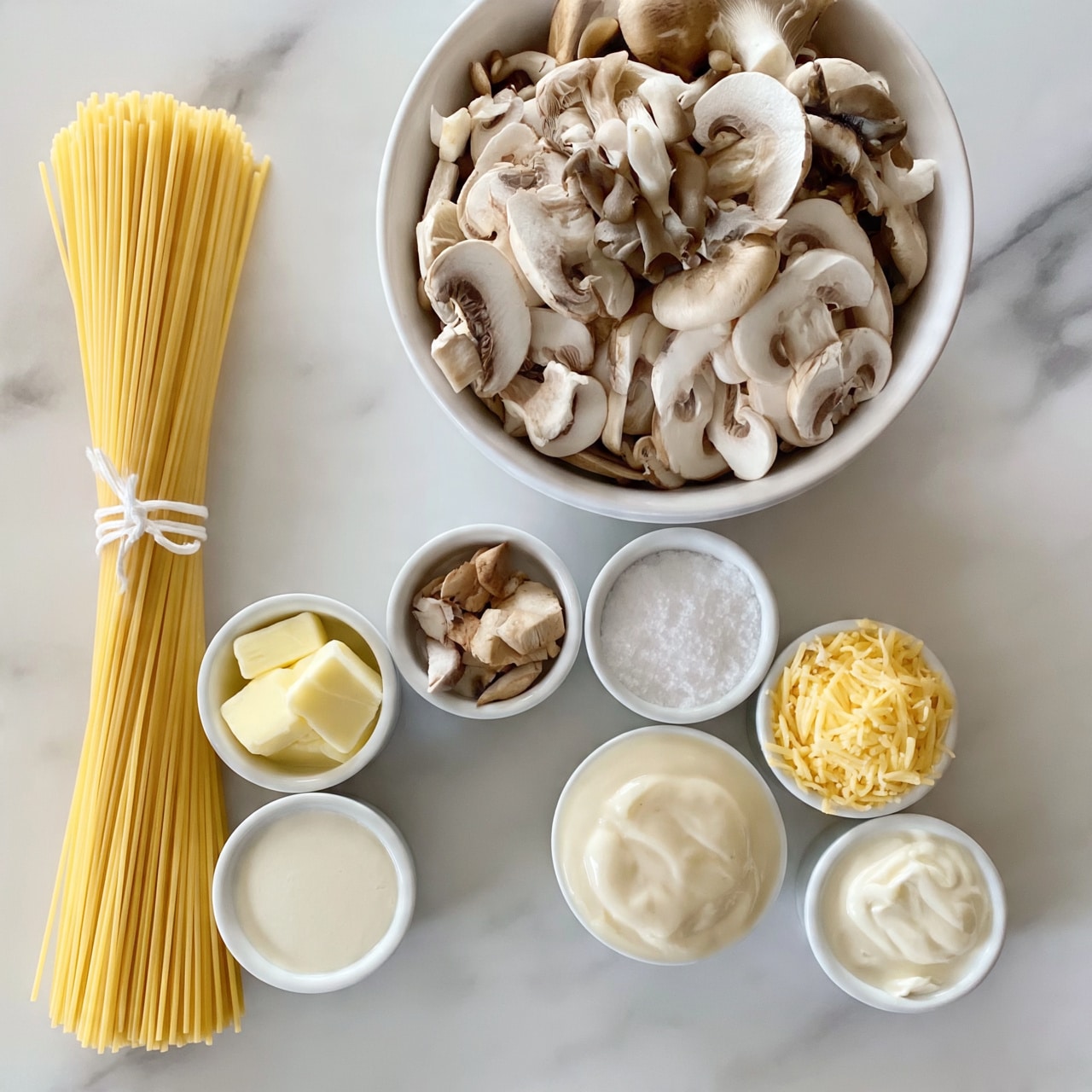 square image The image shows ingredients for cooking laid out neatly on a white marbled surface. On the top, there is a white bowl filled with sliced mushrooms of different types and colors, mostly beige and light brown, sharply contrasting against the white background. To the left side, there is a vertical bundle of uncooked yellow spaghetti tied with a white string. Below the mushrooms and spaghetti, there are several small white bowls arranged in a rough semicircle. These bowls hold various cooking ingredients: pale yellow butter cubes, light brown mushroom pieces, powdered white salt, light cream-colored sauce, pale yellow grated cheese, smooth white cream, and a creamy white mixture. The lighting is soft, highlighting the texture of each ingredient. photo taken with an iphone --ar 4:5 --v 7