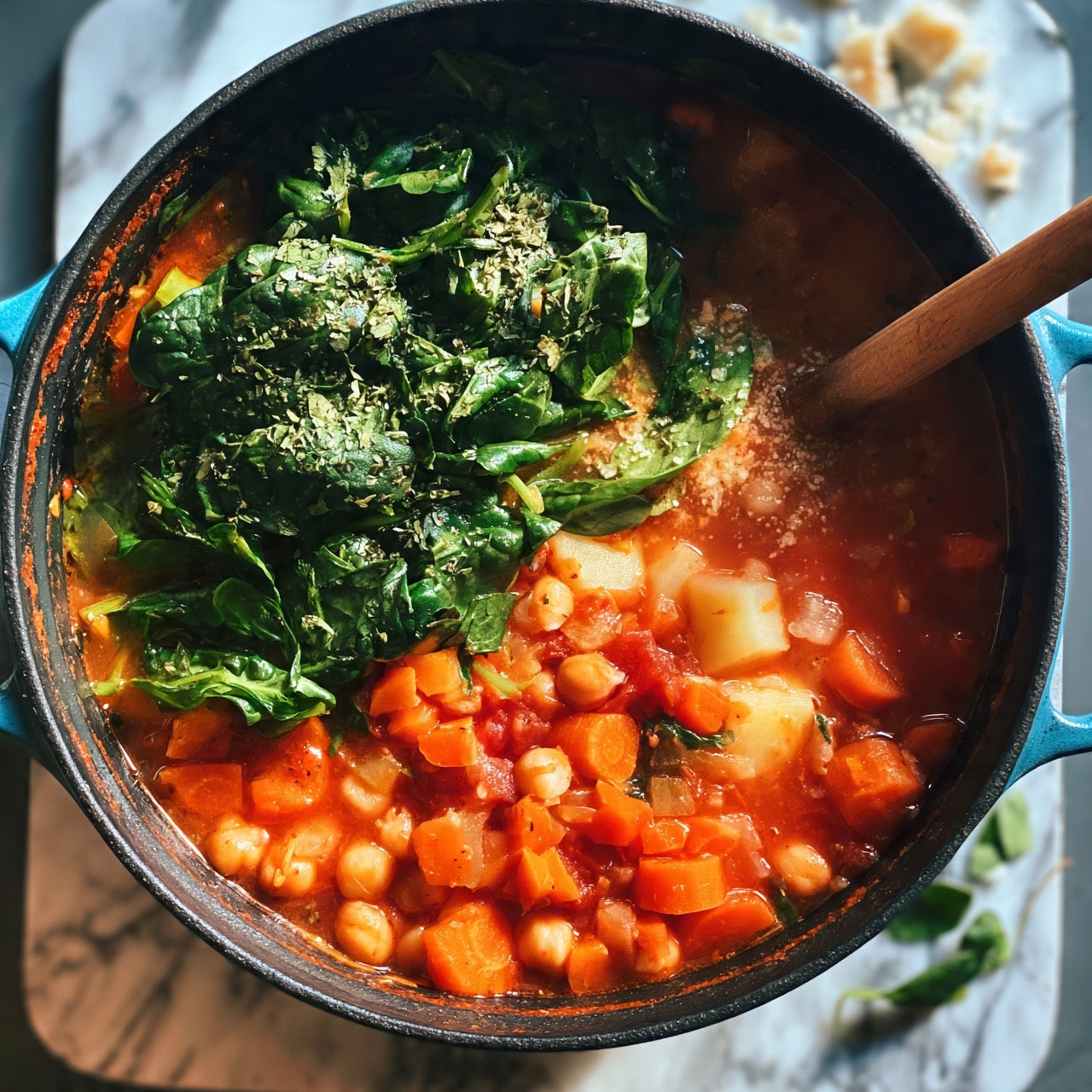 square image A black pot filled with a colorful vegetable soup sits on a white marbled surface. The soup has multiple layers, starting with a clear red tomato broth base full of chopped carrots, potatoes, and chickpeas. On top, there are fresh dark green spinach leaves scattered with herbs. A wooden spoon stirs the soup from the right side of the pot. Small bits of cheese and green leaves rest on the white marbled surface nearby. The pot has blue handles on the sides. Photo taken with an iphone --ar 4:5 --v 7