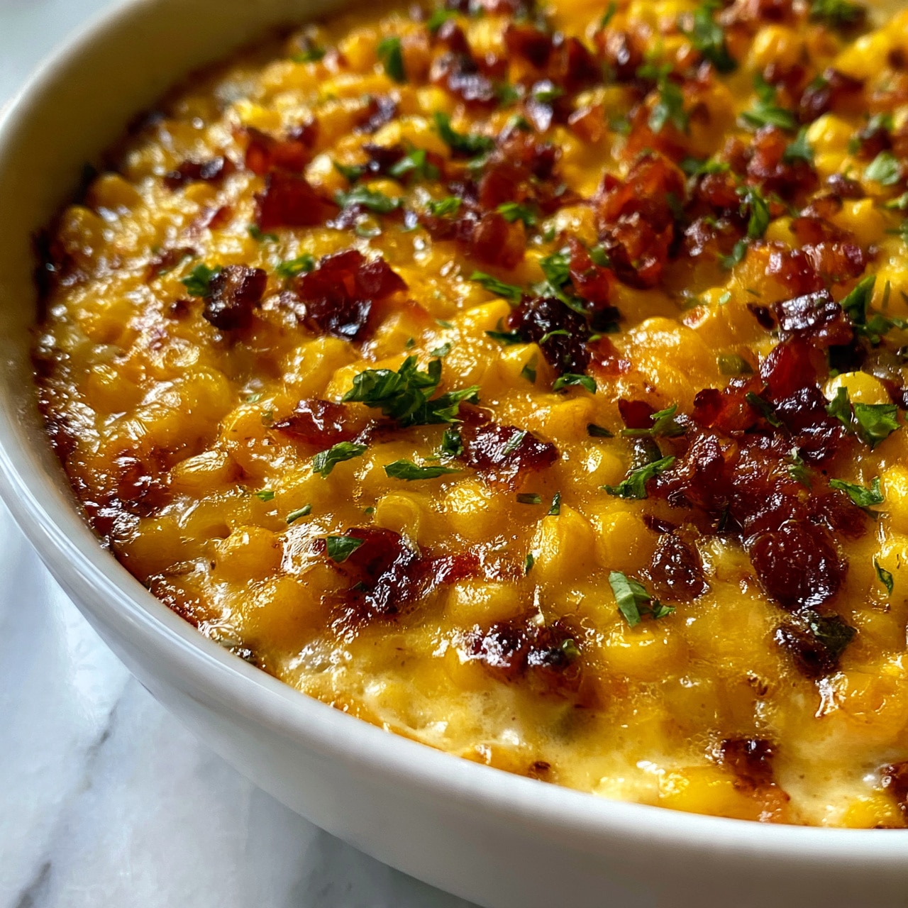 square image The image shows a close-up of a creamy corn casserole in a white bowl. The top layer is golden yellow corn mixed with small pieces of reddish-brown cooked bacon, sprinkled with chopped green herbs, giving it a colorful and rich look. The corn is glossy and slightly browned on the edges, showing a soft and creamy texture beneath the top. The bowl sits on a white marbled textured surface. photo taken with an iphone --ar 4:5 --v 7