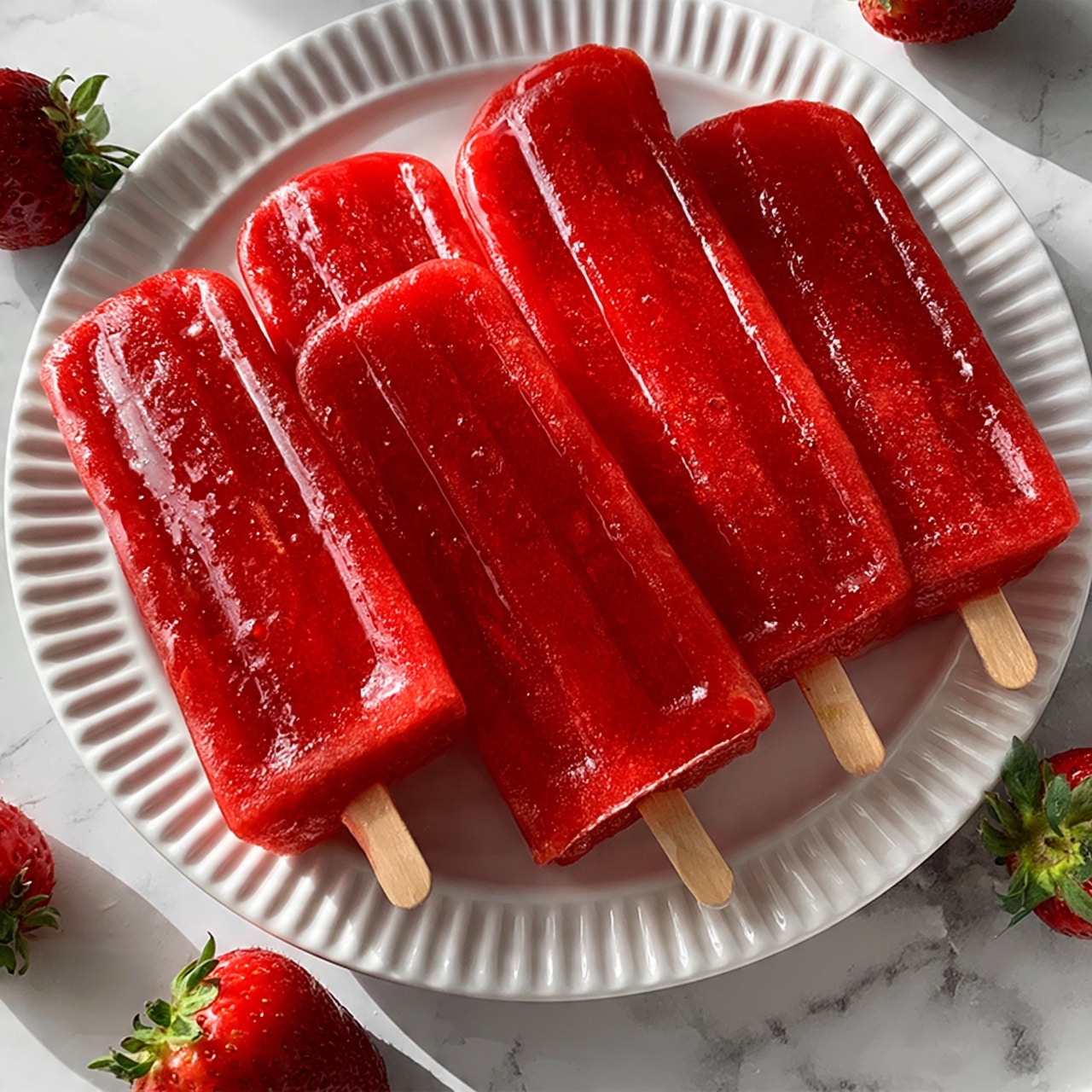 square image The image shows five bright red popsicles neatly arranged in a row on a white plate with ridged edges. Each popsicle is smooth and shiny, with small droplets of moisture on the surface making them look cold and fresh. The wooden sticks of the popsicles point out from the bottom of the plate. Around the plate are a few fresh strawberries with green tops, and a white marbled surface is visible underneath. The image is bright and colorful, with natural light highlighting the vibrant red color of the popsicles and strawberries. photo taken with an iphone --ar 4:5 --v 7