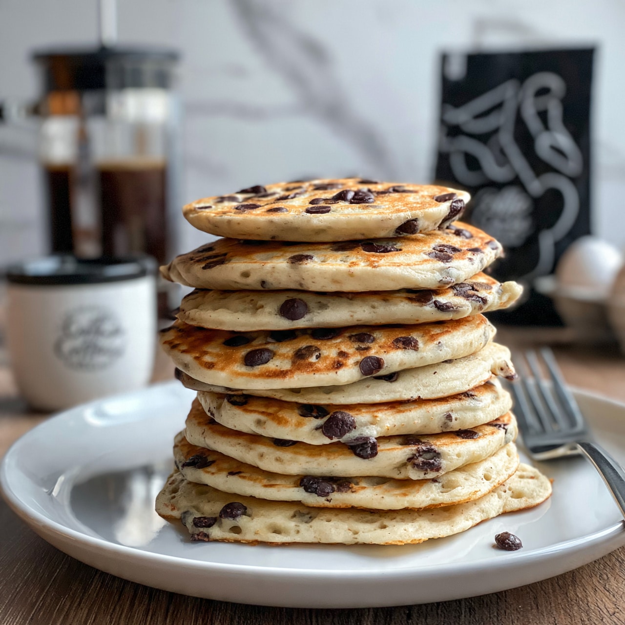 square image A stack of eight round chocolate chip pancakes sits on a white plate, each pancake light golden brown with scattered dark chocolate chips and soft, porous texture. The pancakes show slight uneven edges and varying thickness. A silver fork rests on the right side of the plate. In the background, there is a glass French press filled with dark coffee, a white coffee cup with black rim and text, a black coffee bag with white abstract line art, and a carton of eggs partly visible, all set on a wooden surface with a white marbled texture behind. Photo taken with an iphone --ar 4:5 --v 7