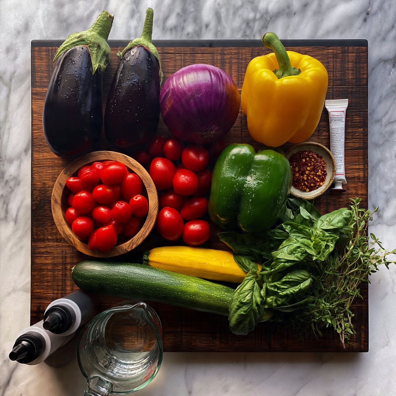 square image The image shows fresh vegetables and ingredients arranged neatly on a dark wooden board placed on a white marbled surface. At the top left are two dark purple eggplants with green stems, next to a round red onion. Below them is a wooden bowl filled with bright red cherry tomatoes. To the right of the tomatoes are a yellow bell pepper on top, a green bell pepper below it, and a small dish containing red pepper flakes next to a white tube of tomato paste. Along the bottom of the board are two zucchinis, one green and one yellow, with sprigs of fresh basil and thyme to the right. At the bottom left are two squeeze bottles with black tops and a clear glass measuring cup filled with a liquid. Photo taken with an iphone --ar 4:5 --v 7