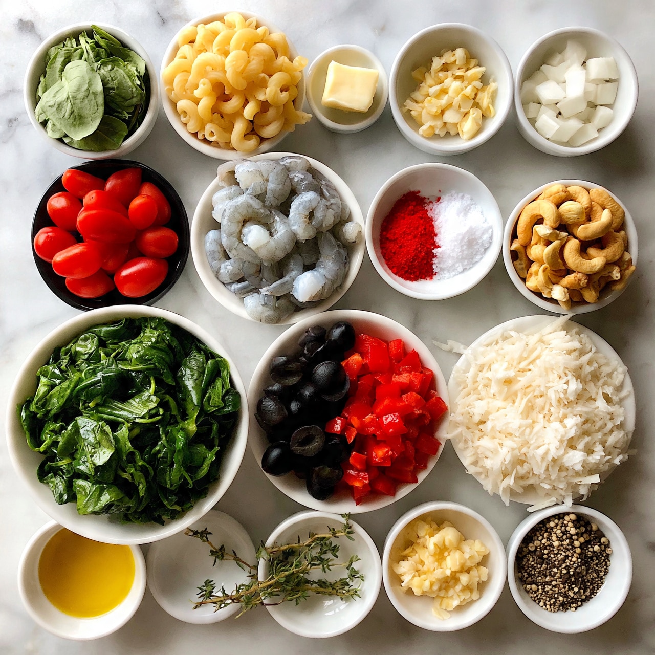 square image The image shows a clean white marbled surface with 16 small white bowls and plates arranged neatly in a grid, each holding different fresh ingredients. The top row includes light green spinach leaves, pale yellow pasta spirals, a small square of butter, chopped garlic, and white onion cubes. Below are a black plate with red cherry tomatoes, and white bowls containing raw grey shrimp, bright red powder, white salt, and light brown cashew nuts. The next row has a large white bowl filled with green spinach, black olives, red diced bell peppers, grated white cheese, and a small bowl with minced garlic. The last row contains a bowl with golden olive oil, fresh thyme, and a mix of black and white pepper. The colors range from greens to reds, whites, and earthy tones, all well arranged with strong light and no shadows photo taken with an iphone --ar 4:5 --v 7