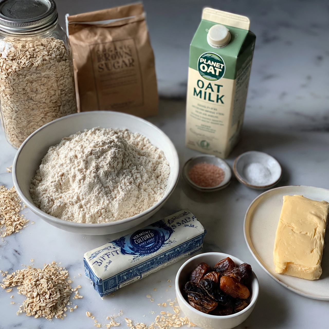 square image A white bowl filled with a heap of white flour sits in the center, surrounded by ingredients on a white marbled surface. To the top left, there is a tall glass jar filled with light beige rolled oats, next to a brown paper bag of organic brown sugar. To the right side, a green and cream carton of Planet Oat oat milk stands upright. In front of it are two small dishes; one holds pink salt, and the other has a white powder. A blue and white wrapped stick of Vermont cultured butter with sea salt rests near the bowl, with a white plate holding a light yellow pat of softened butter straddling the right edge. Scattered rolled oats and a small white bowl filled with dark brown and black dried dates add texture and color contrast. photo taken with an iphone --ar 4:5 --v 7