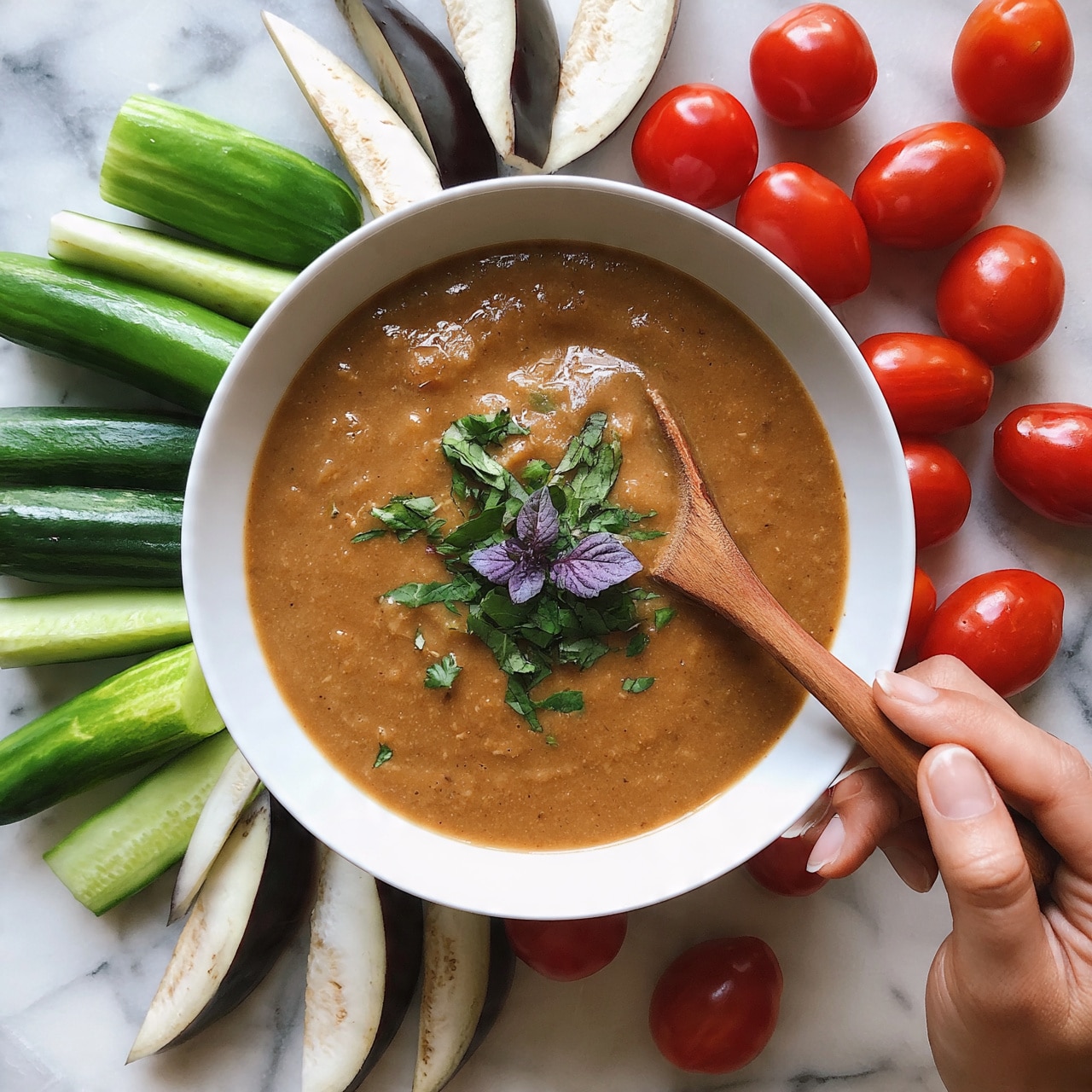 square image A white bowl filled with thick brown soup garnished with fresh green herbs and small purple leaves in the center, surrounded by bright green cucumber sticks with smooth skin, white and dark purple eggplant wedges with light flesh, and glossy red cherry tomatoes on a white marbled surface. A woman's hand holds a wooden spoon resting inside the soup bowl. photo taken with an iphone --ar 4:5 --v 7
