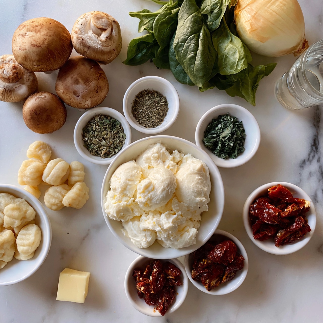 square image The image shows several cooking ingredients neatly placed on a white marbled surface. At the center is a bowl of white creamy cheese, surrounded by small bowls and loose ingredients. To the left, there are several brown mushrooms, a small pile of gnocchi in a white bowl, and a small piece of butter on the surface. On the top right, fresh green spinach leaves rest next to a whole onion and a small glass with clear liquid. There are also small white bowls containing dried herbs and sun-dried tomatoes. The colors range from creamy white, light brown, green, and red, all arranged in a clean and organized way. Photo taken with an iphone --ar 4:5 --v 7