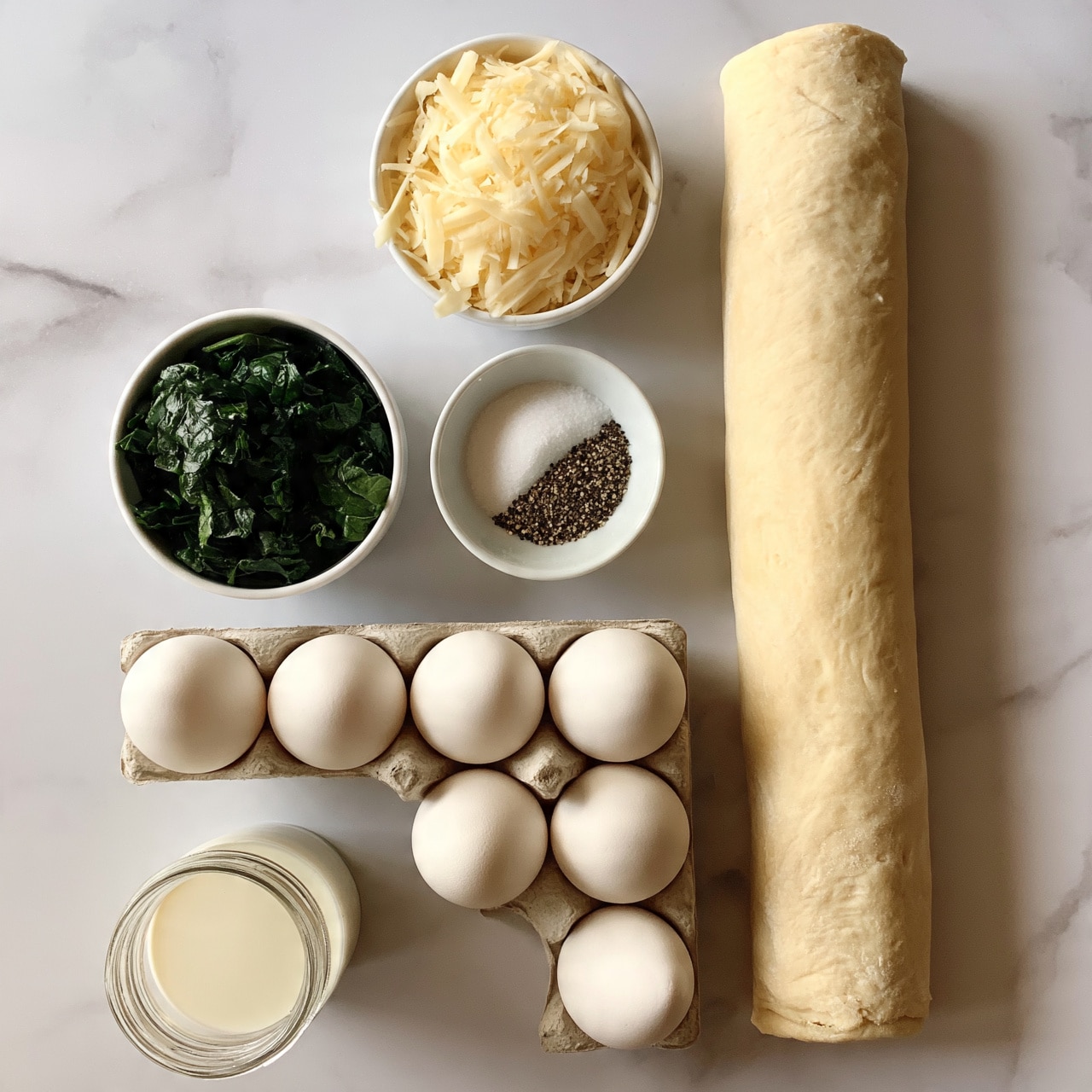 square image A top view of six white eggs in a carton at the bottom, a long rolled sheet of pale dough to the right, three small white bowls above the eggs, dough, and one another, filled with three ingredients: chopped dark green spinach leaves, shredded pale yellow cheese, and a mix of white salt and black pepper. A small clear jar is at the bottom left filled with creamy white liquid, all placed on a white marbled surface. Photo taken with an iphone --ar 4:5 --v 7