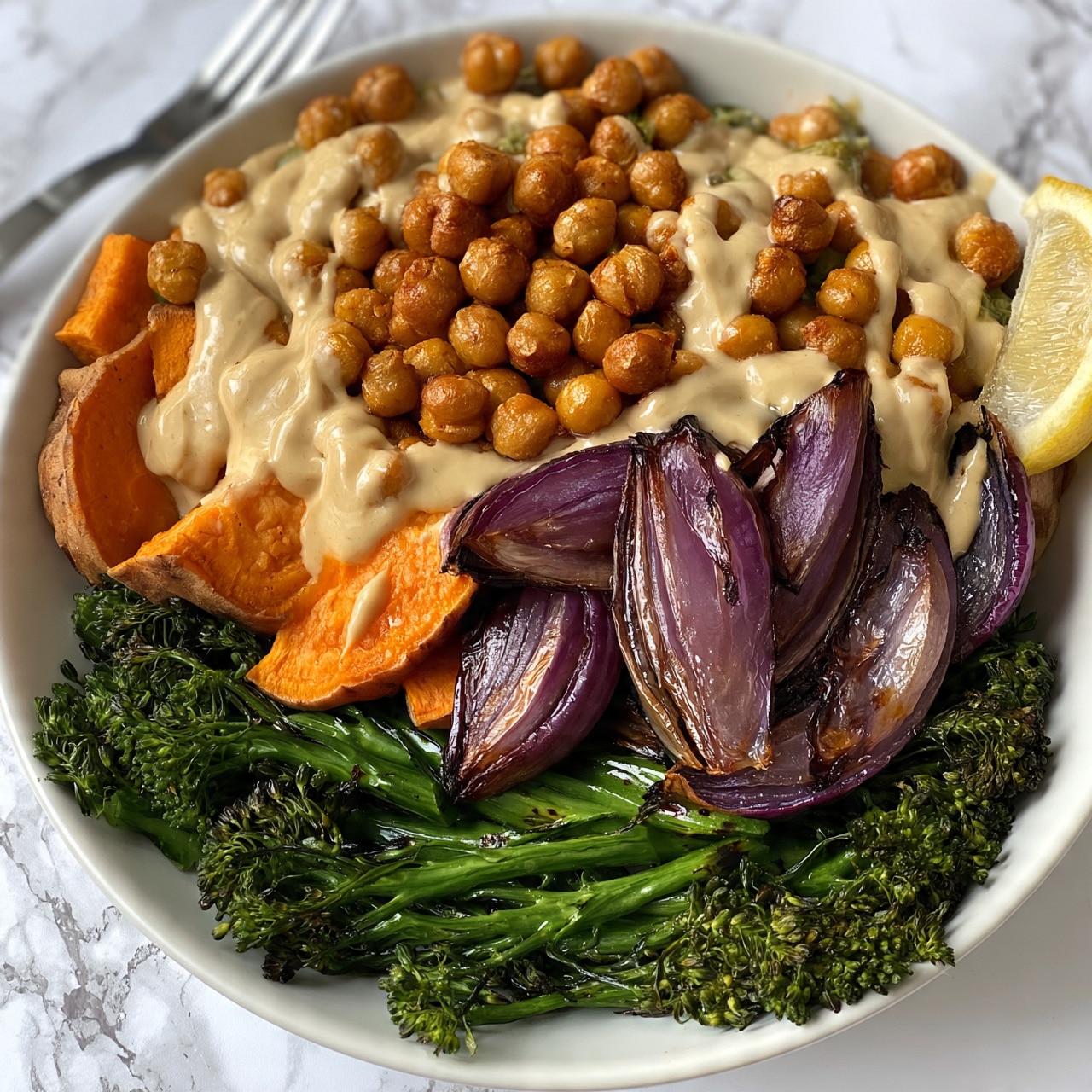 square image A white bowl filled with four main layers sits on a white marbled surface. At the bottom are green grilled broccolini stalks with a glossy texture, spread across the base. On top of that lies roasted purple onion wedges, thick and glossy with browned edges, placed in a cluster to one side. Next is a layer of bright orange roasted sweet potato chunks with slightly browned skin, arranged around one edge of the bowl. The top layer consists of golden brown roasted chickpeas, some clustered in the middle and others scattered, all generously covered with a creamy beige sauce drizzled unevenly. A lemon wedge and a fork are visible next to the bowl. Photo taken with an iphone --ar 4:5 --v 7