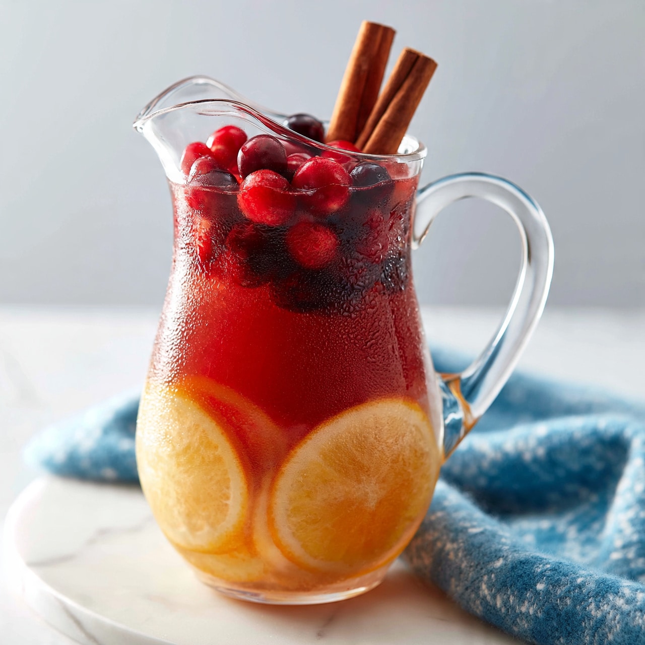 square image A clear glass pitcher filled with reddish liquid has three layers inside: the bottom layer has light orange slices with a smooth texture, the middle layer is the reddish liquid, and the top layer is a cluster of bright red and dark red cranberries along with two cinnamon sticks standing upright. The pitcher sits on a soft blue cloth with a white pattern, all on a white marbled surface. Photo taken with an iphone --ar 4:5 --v 7
