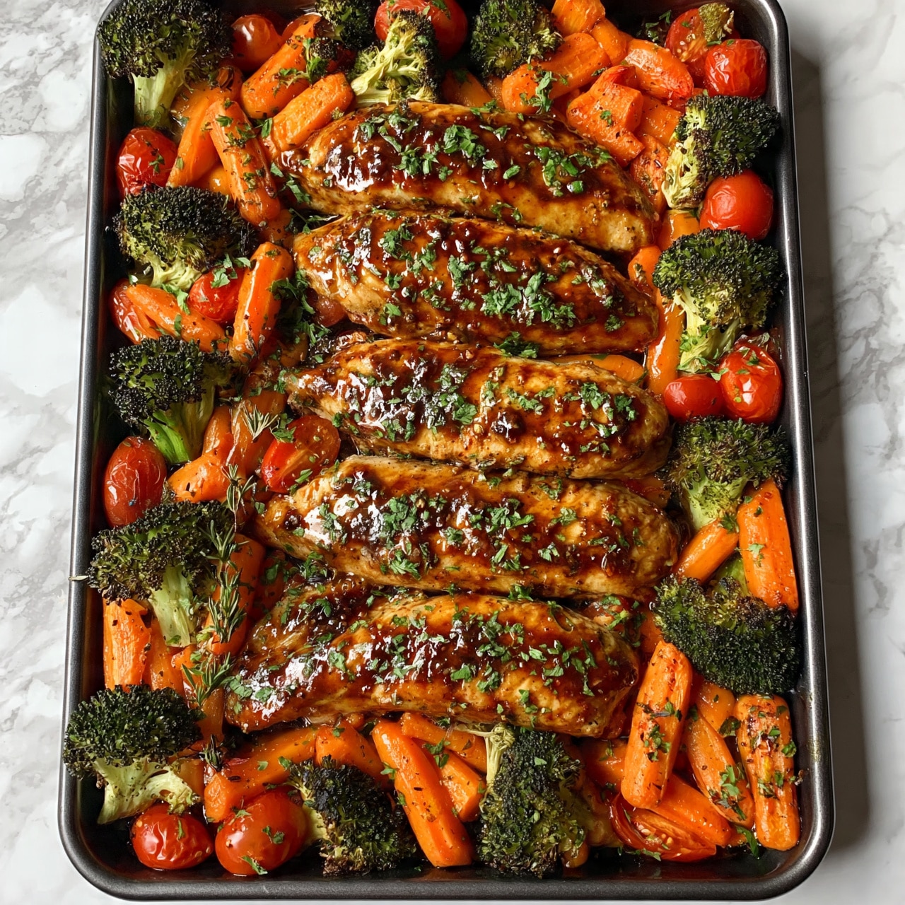 square image The image shows six pieces of glazed, golden-brown chicken tenderloins arranged in the center of a baking tray. The chicken is covered in a dark, shiny sauce sprinkled with chopped green herbs. Surrounding the chicken are bright orange baby carrots, dark green broccoli florets, and red cherry tomatoes, all roasted with a light coating of oil and lightly seasoned, creating a colorful and appetizing contrast. Small sprigs of fresh herbs are scattered across the vegetables and chicken. The entire scene is on a white marbled surface. photo taken with an iphone --ar 4:5 --v 7