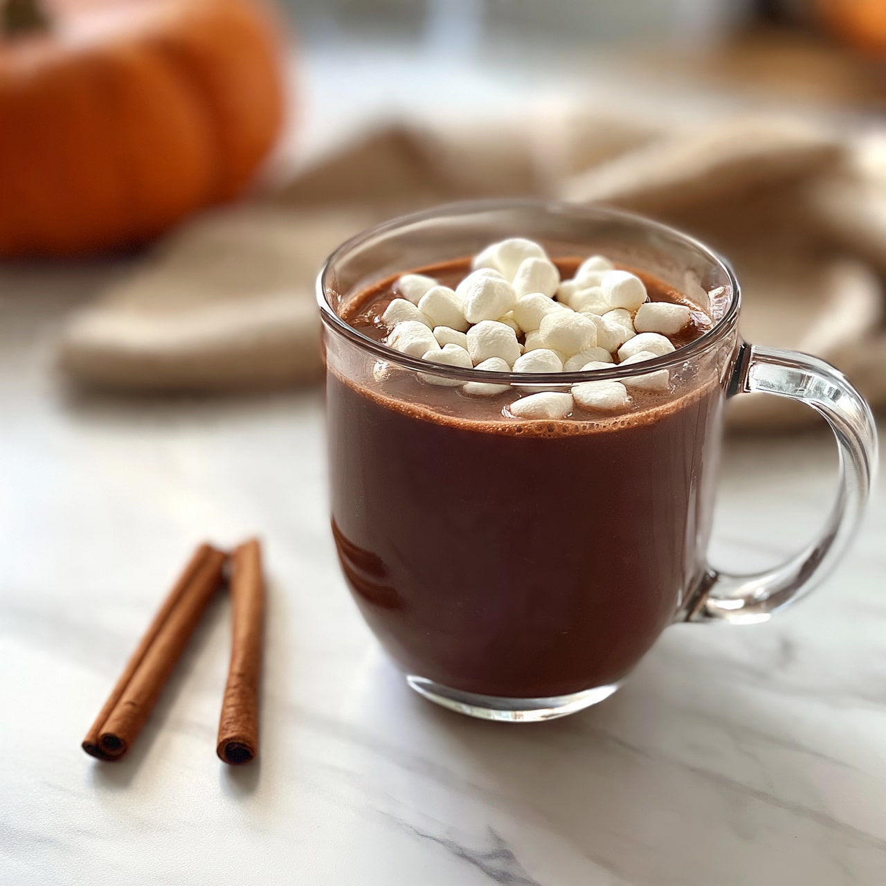 square image The image shows a clear glass mug filled with rich dark brown hot chocolate topped with small white marshmallows piled on the surface. Next to the mug on a white marbled surface are two cinnamon sticks placed side by side. The background features a soft focus orange pumpkin and a folded beige cloth. The overall setting gives a cozy autumn feeling. photo taken with an iphone --ar 4:5 --v 7