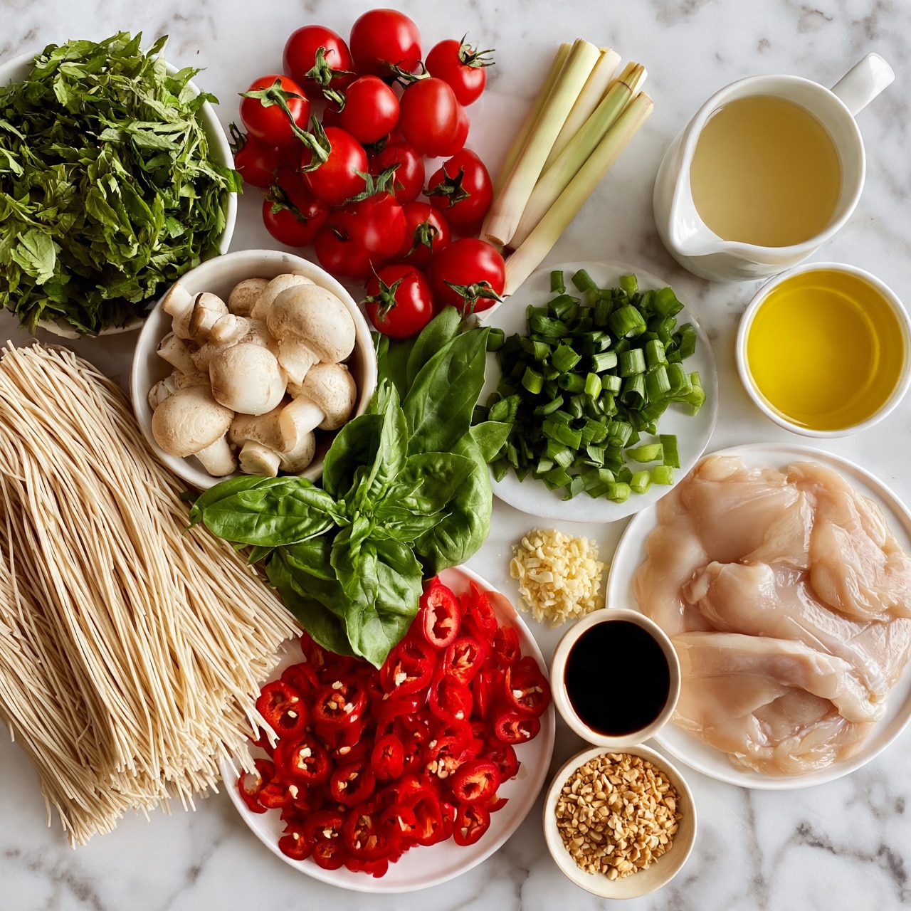 square image The image shows various cooking ingredients arranged neatly on a white marbled surface. On the left, fresh green leafy herbs sit in a white bowl, next to a bundle of light beige noodles. Near them are whole mushrooms in a white bowl, lemongrass stalks, and a pile of red cherry tomatoes with green stems. There are sliced red chili peppers, fresh green basil leaves, chopped green onions on a white plate, and minced garlic beside them. A white pitcher holds light yellow broth, and a small container has yellow cooking oil. Thin slices of raw chicken are placed on a white plate near a small dish of dark soy sauce and a small bowl of light brown crushed peanuts. The colors are fresh and natural, with layers of ingredients clearly visible and arranged for easy viewing. Photo taken with an iphone --ar 4:5 --v 7