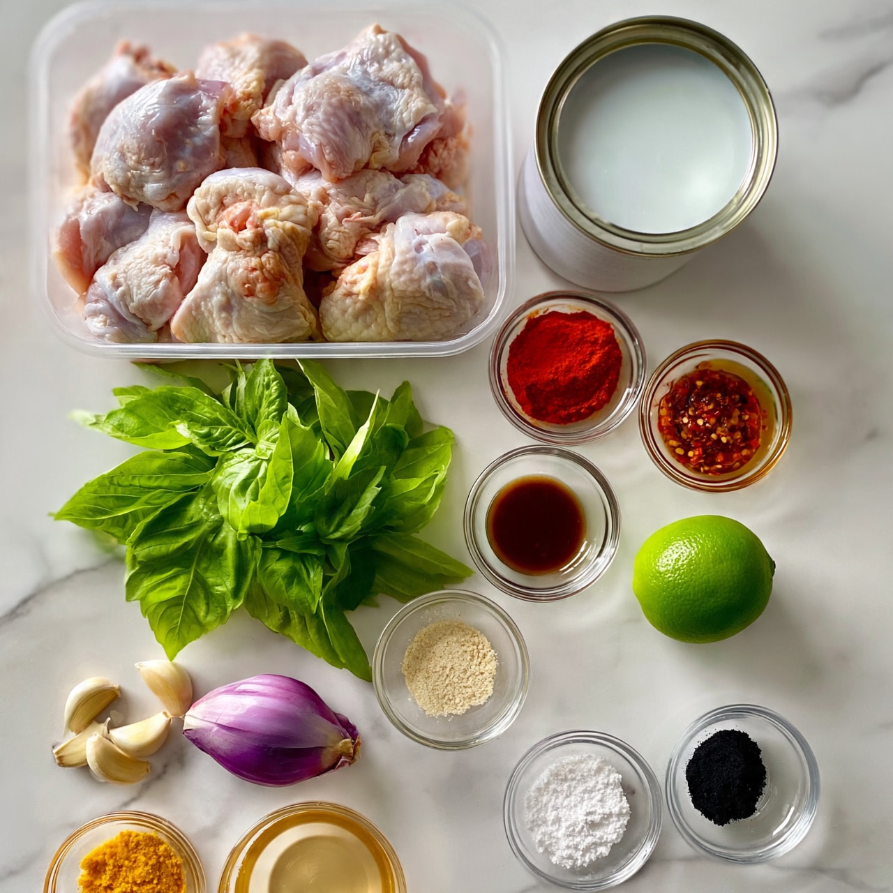 square image Raw chicken pieces are arranged in a clear plastic tray at the top left of the image. To the right of the chicken is an open can of white coconut milk. Below and to the right of the chicken and coconut milk are small clear glass bowls filled with various spices: a bright red powder, a pale powder, a dark brown liquid, and a chili oil with visible red flakes. A bunch of fresh bright green basil leaves is placed below the chicken. A whole bright green lime sits to the right of the basil. Near the bottom left corner are several garlic cloves and a whole shallot with purple skin. At the bottom right are more small clear bowls containing white and black powders, and in the lower left corner are a small amount of yellow powder and a clear bowl of light golden honey or oil. All ingredients are laid out on a white marbled surface. photo taken with an iphone --ar 4:5 --v 7