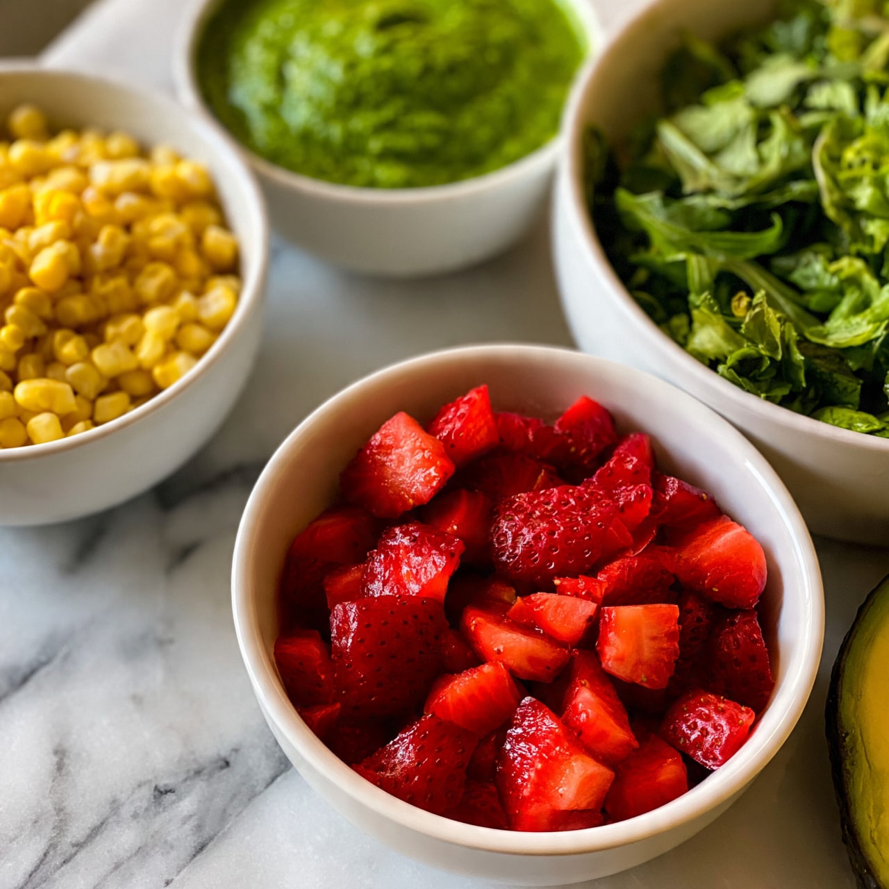 square image The image shows four white bowls arranged on a white marbled surface. One bowl is filled with small, yellow corn pieces, another contains bright green sauce or pesto with a smooth texture, the third bowl has chopped red strawberry pieces, and the last bowl holds a mix of fresh green leafy salad. A sliced avocado is partially visible at the corner of the image. Photo taken with an iphone --ar 4:5 --v 7