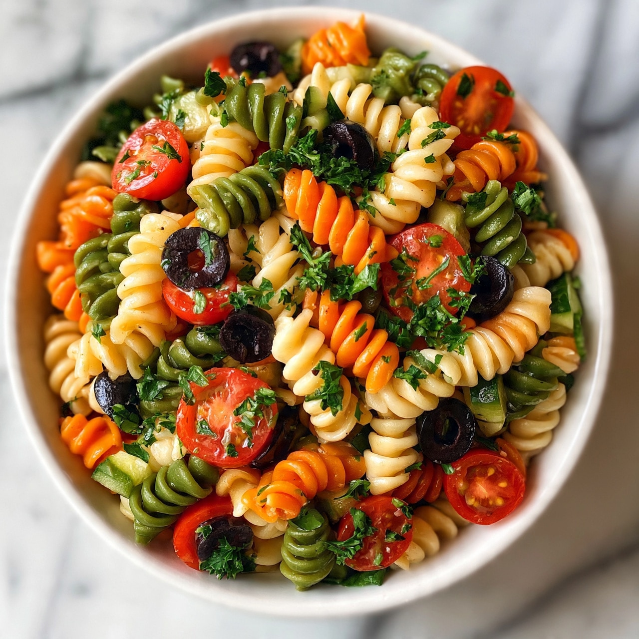square image A white bowl filled with a colorful pasta salad made of spiral rotini pasta in green, orange, and cream colors. Mixed in are halved red cherry tomatoes, black olive slices, chopped green parsley, and cucumber pieces. The salad looks fresh and vibrant with a mix of textures from soft pasta and crunchy vegetables, all resting on a white marbled surface. photo taken with an iphone --ar 4:5 --v 7
