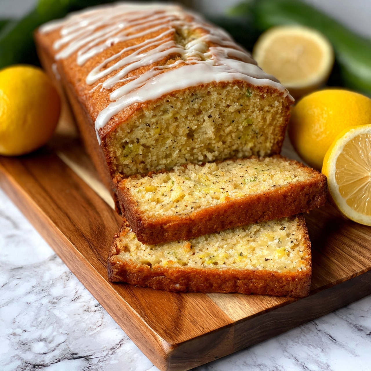 square image The image shows a loaf cake on a wooden board with three slices cut from the front. The cake has a light golden brown crust and a moist, speckled yellow inside, indicating ingredients mixed in. On top, there is a smooth, white icing drizzle running across the loaf in thin lines. Around the board, there are two whole lemons, one cut lemon half, and some green zucchinis, adding fresh color to the scene. The background and surface have a white marbled texture. Photo taken with an iphone --ar 4:5 --v 7
